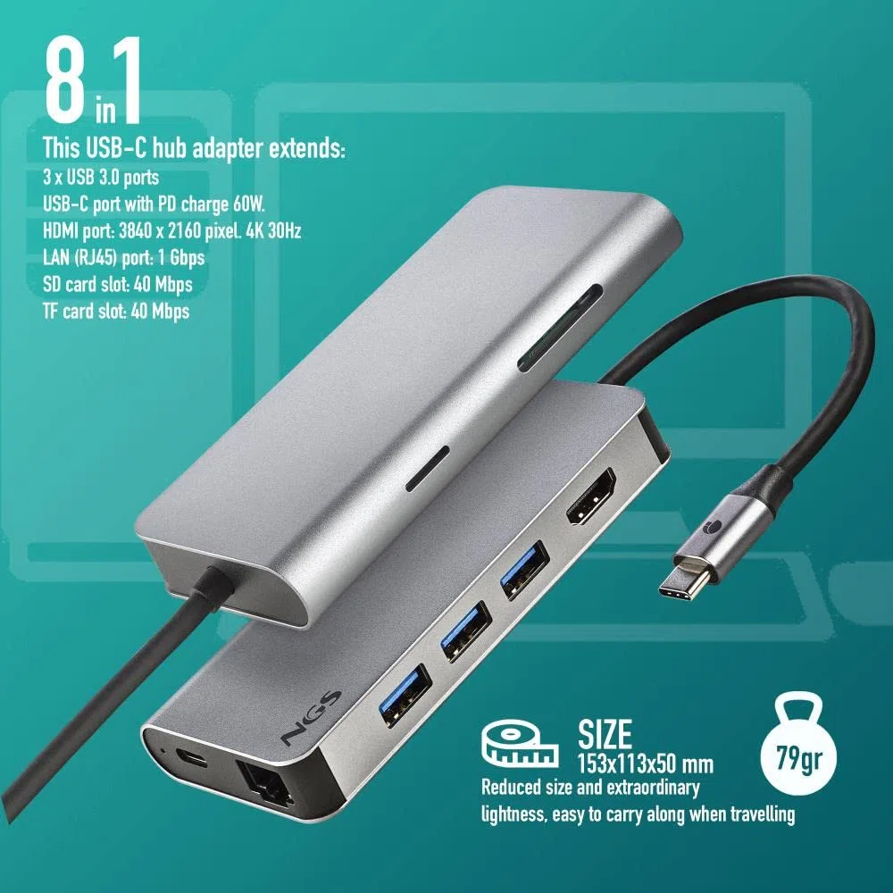 NGS WONDER DOCK 8-8 w 1, hub USB-C, adapter wieloportowy (USB 3.0, USB-C, z ładowaniem PD, HDMI, czytnikiem kart SD/TF oraz LAN - RJ45). Kompatybilny z urządzeniami z USB-C