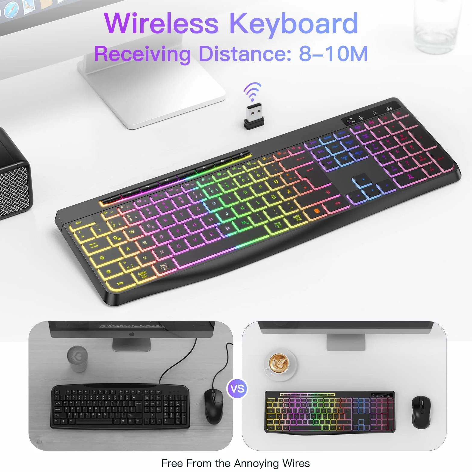 TECURS Klawiatura bezprzewodowa do gier – cicha klawiatura QWERTZ, podświetlana, ergonomiczna, wodoszczelna, 2,4 GHz LED Keyboard do Windows/Mac/PS4/Xbox z przyciskami multimedialnymi, czarna