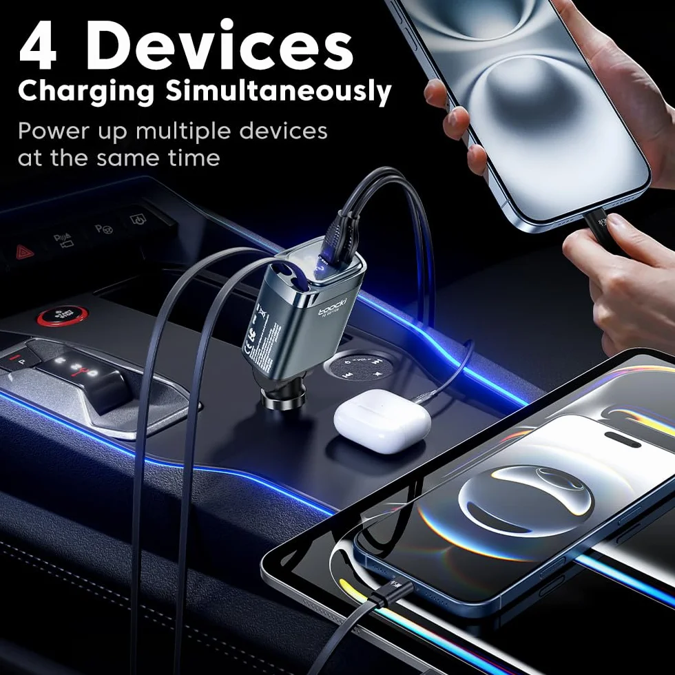 toocki Ładowarka samochodowa USB C 4 w 1 105 W szybka ładowarka z wysuwanym kablem typu C 24/12 V