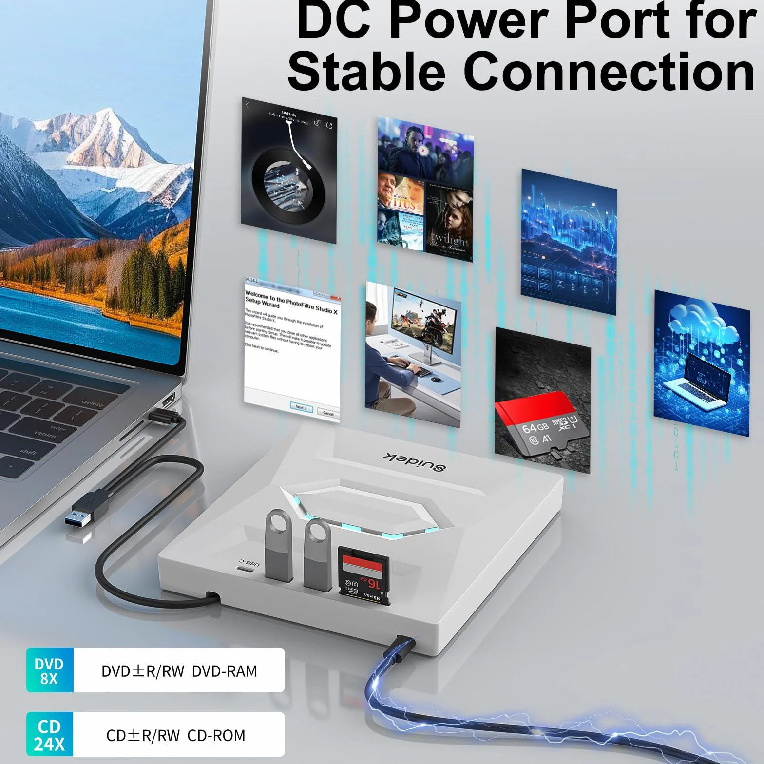 SUIDEK Zewnętrzny napęd CD DVD do laptopa, 5 w 1, ultra cienki, przenośny, USB-C CD+/-RW, odtwarzacz DVD do laptopa z czytnikiem kart SD, koncentrator USB 3.0 typu C, do komputerów stacjonarnych