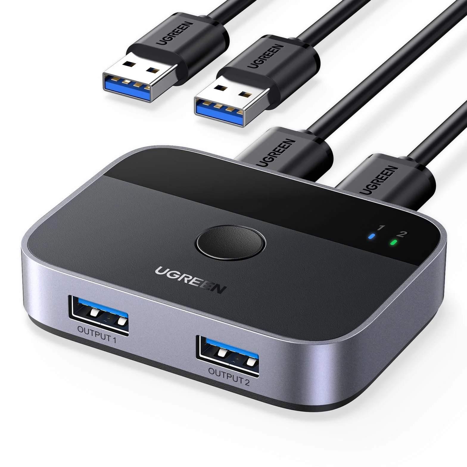 UGREEN Przełącznik USB, przełącznik USB 3.0, 2 w 2 wyjścia, 2 komputery współdzielą 2 USB do klawiatury, myszy, drukarki, dysków twardych z 2 kablami USB 3.0 A do A, kompatybilny z Windows, Mac, Linux