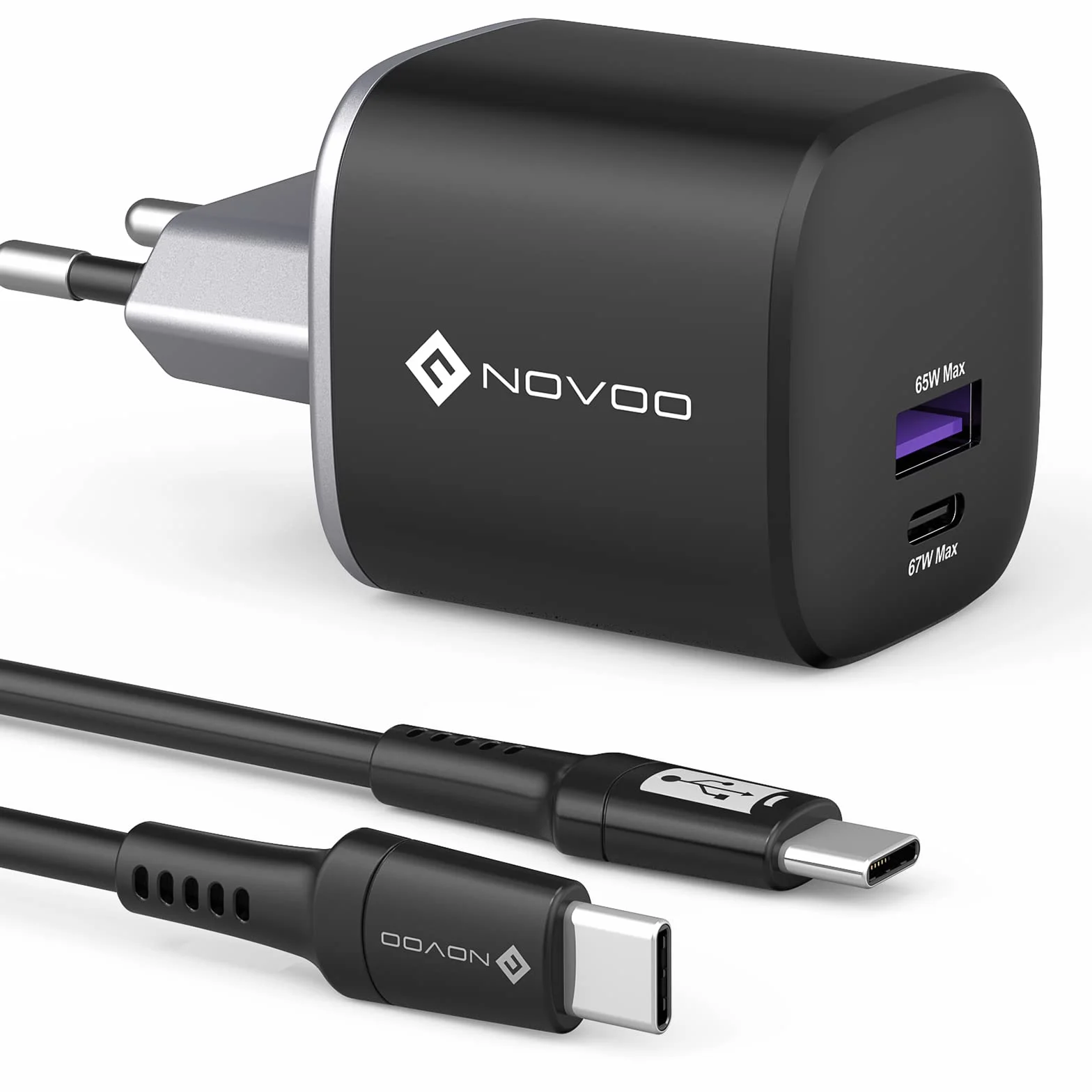NOVOO 67W ładowarka USB C, szybka ładowarka z 2 portami USB, 1 m kabel w zestawie, uniwersalny adapter do ładowania kompatybilny z iPhone 14 15 Plus Pro Max Air iPad, Macbook Galaxy S23