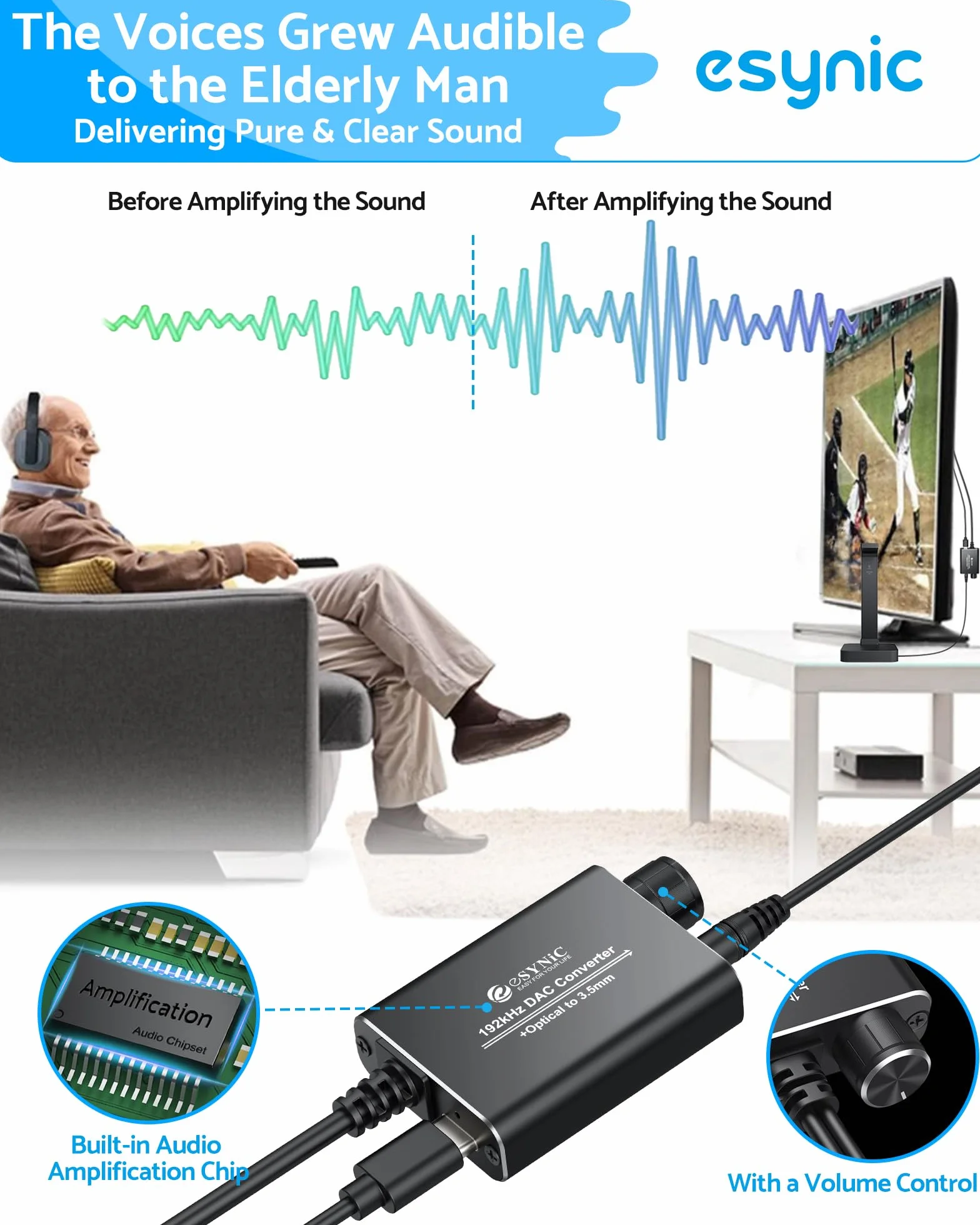 eSynic Konwerter DAC 192 kHz SPDIF na 3,5 mm AUX cyfrowy na analogowy konwerter audio optyczny Toslink do 3,5 mm adapter audio