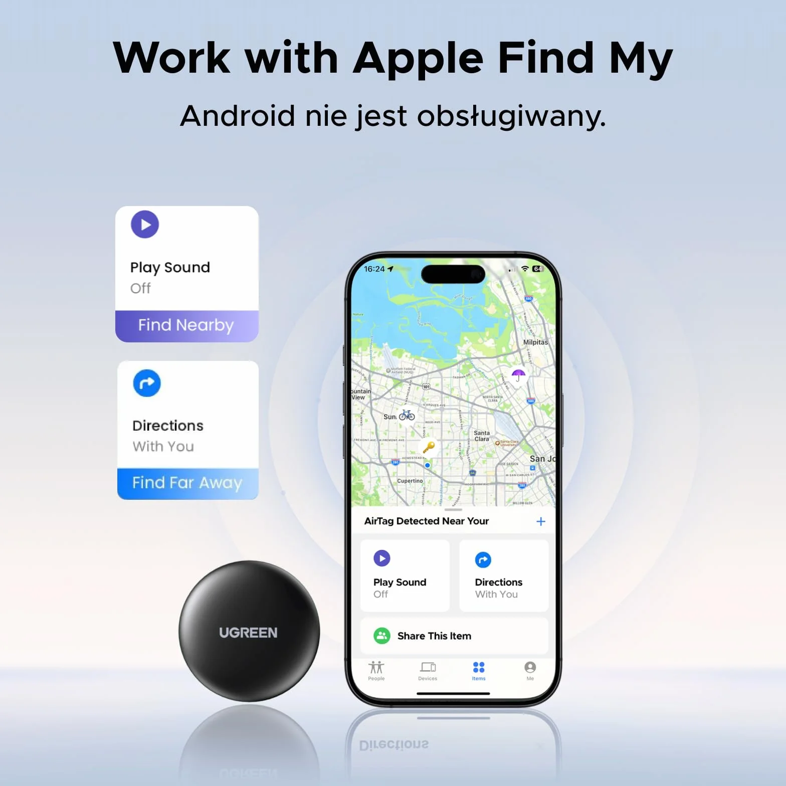 UGREEN FineTrack Mini kompatybilny z Apple Find My, inteligentny tag z sygnałem dźwiękowym 80 dB, lokalizator kluczy (2 opakowania)