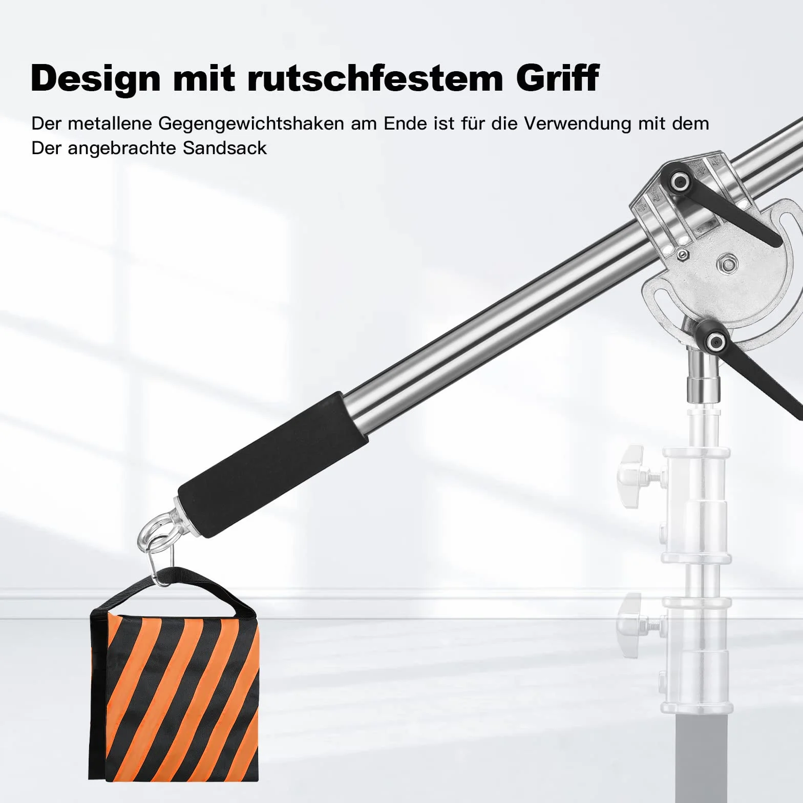 Soonpho Metalowa ciężka szubienica do stojaka, srebrna, ramię wysięgnika 3,6 m do 20 m, stojak na ramię C z workiem na piasek i zaciskiem do studia Monolight Softbox reflektor