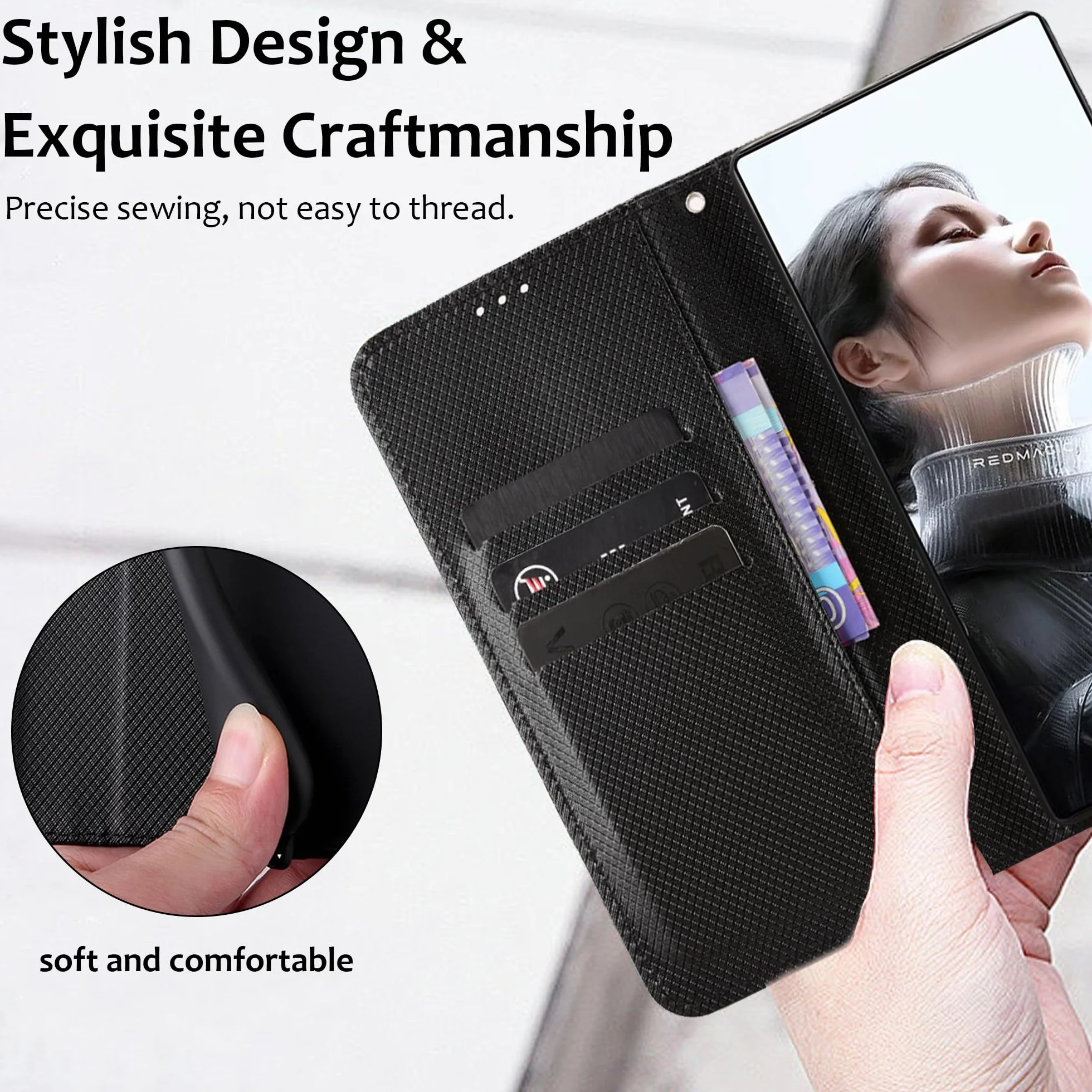 Etui na telefon komórkowy REDMAGIC 11 Pro, odporne na uderzenia, z włókna węglowego premium [składane klapki] [torba z funkcją stojaka] - czarne