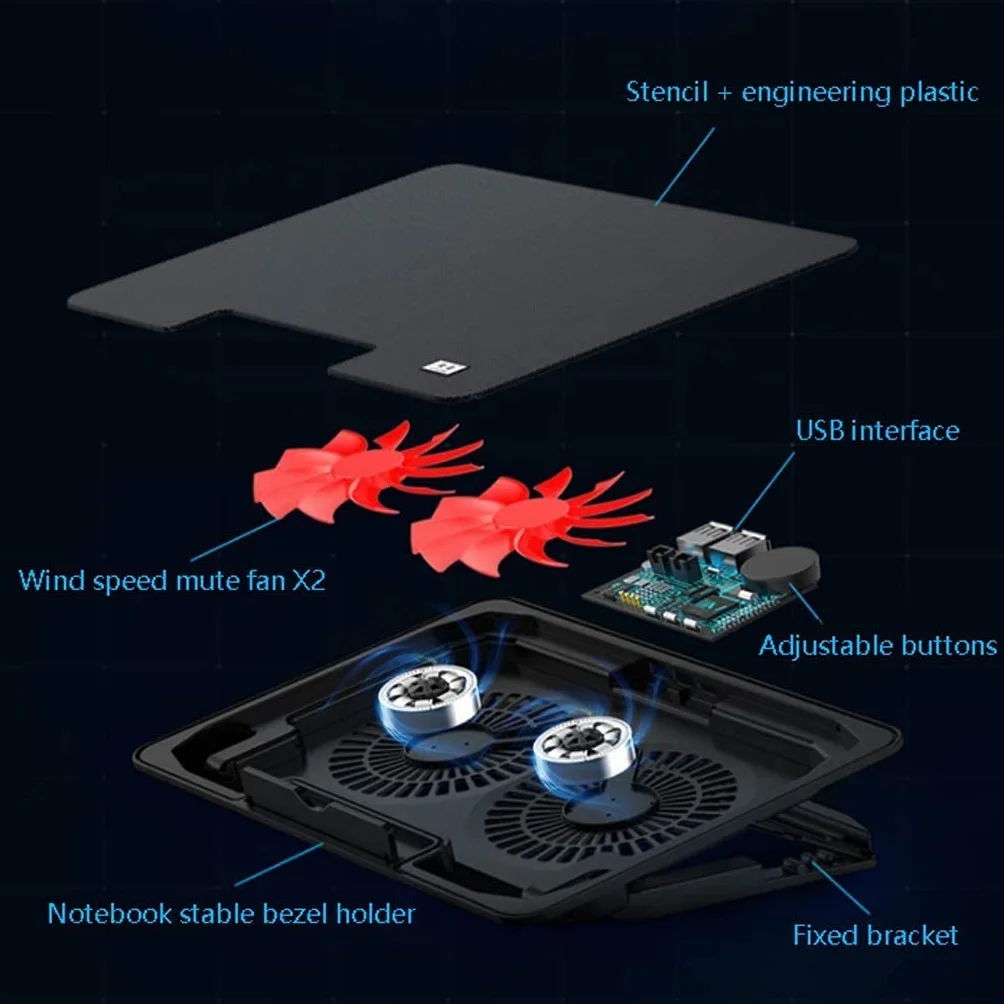 Ergonomiczny stojak chłodzący do laptopa, podkładka chłodząca do laptopa, podkładka chłodząca do notebooka z 2 wentylatorami przy 1400 obr./min, mata chłodząca do laptopa, gamingowa, 2 USB, podkładka