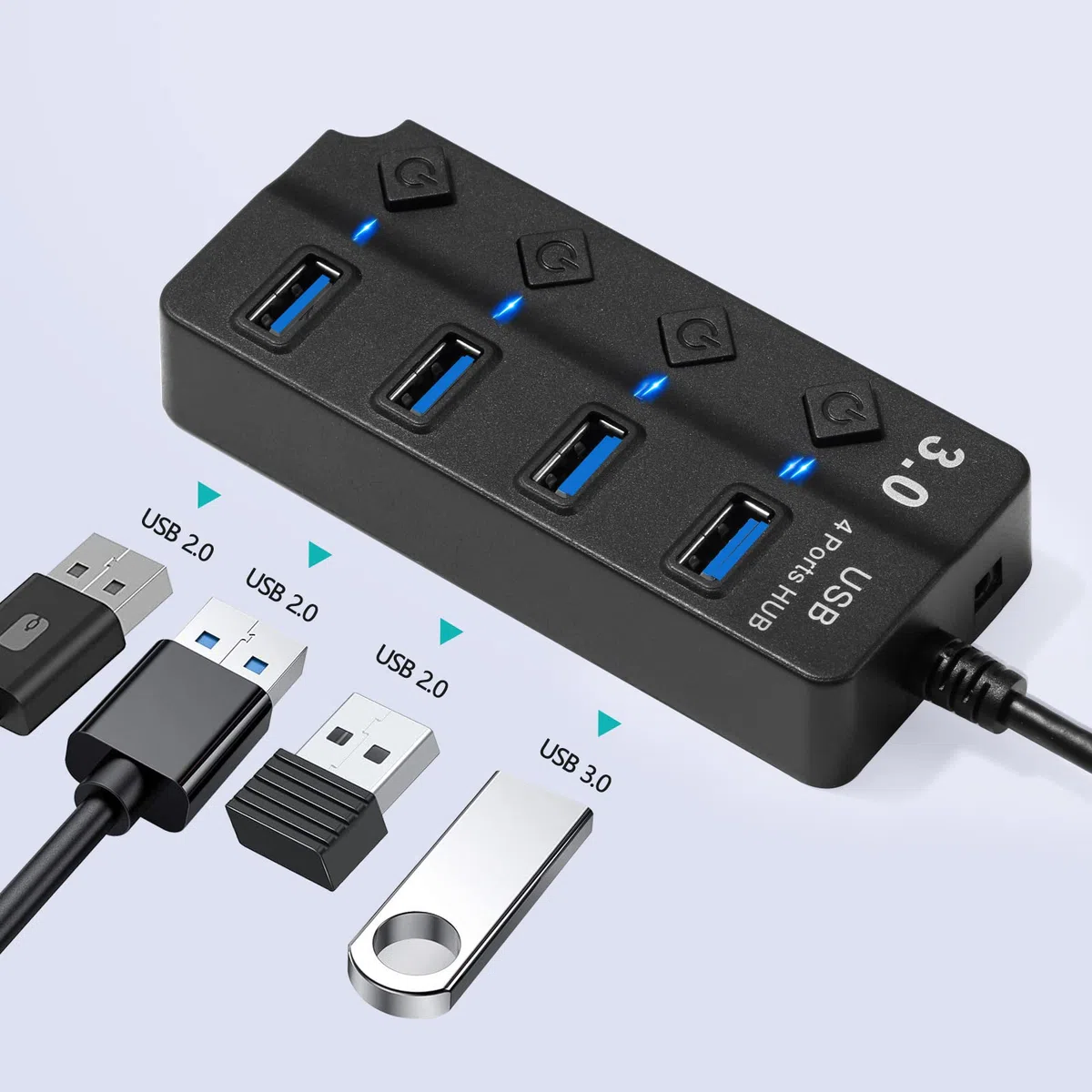 Hoppac Hub USB 3.0 i 2.0, 1 Port USB 3.0 i 3 Porte USB 2.0, Adapator z Lampką LED