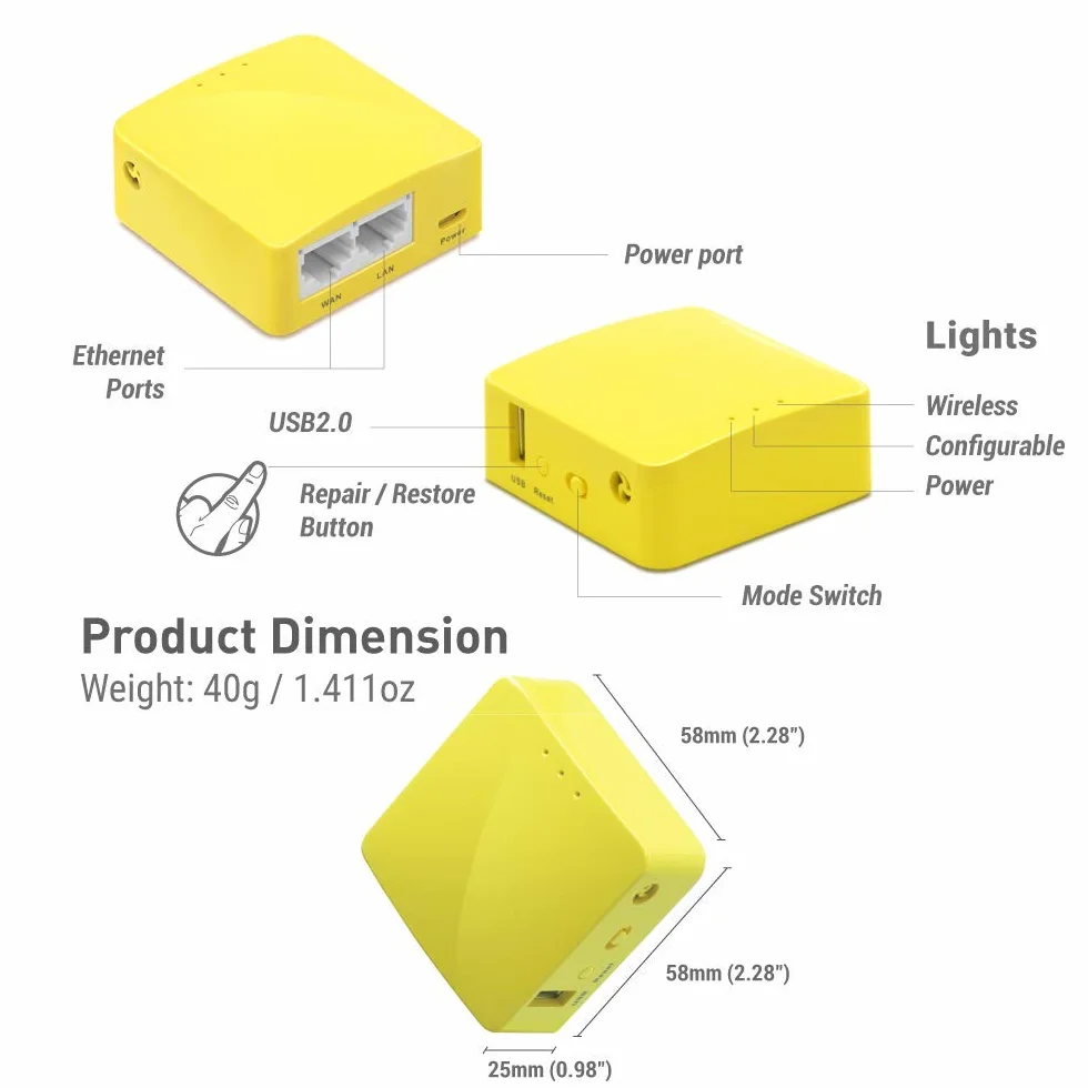 GL.iNet GL-MT300N-V2(Mango) Przenośny, kieszonkowy, bezprzewodowy router WiFi VPN — punkt dostępu/przedłużacz/WDS | OpenWrt | 2 x porty Ethernet | OpenVPN/Wireguard VPN | USB 2.0 | 128 MB pamięci RAM