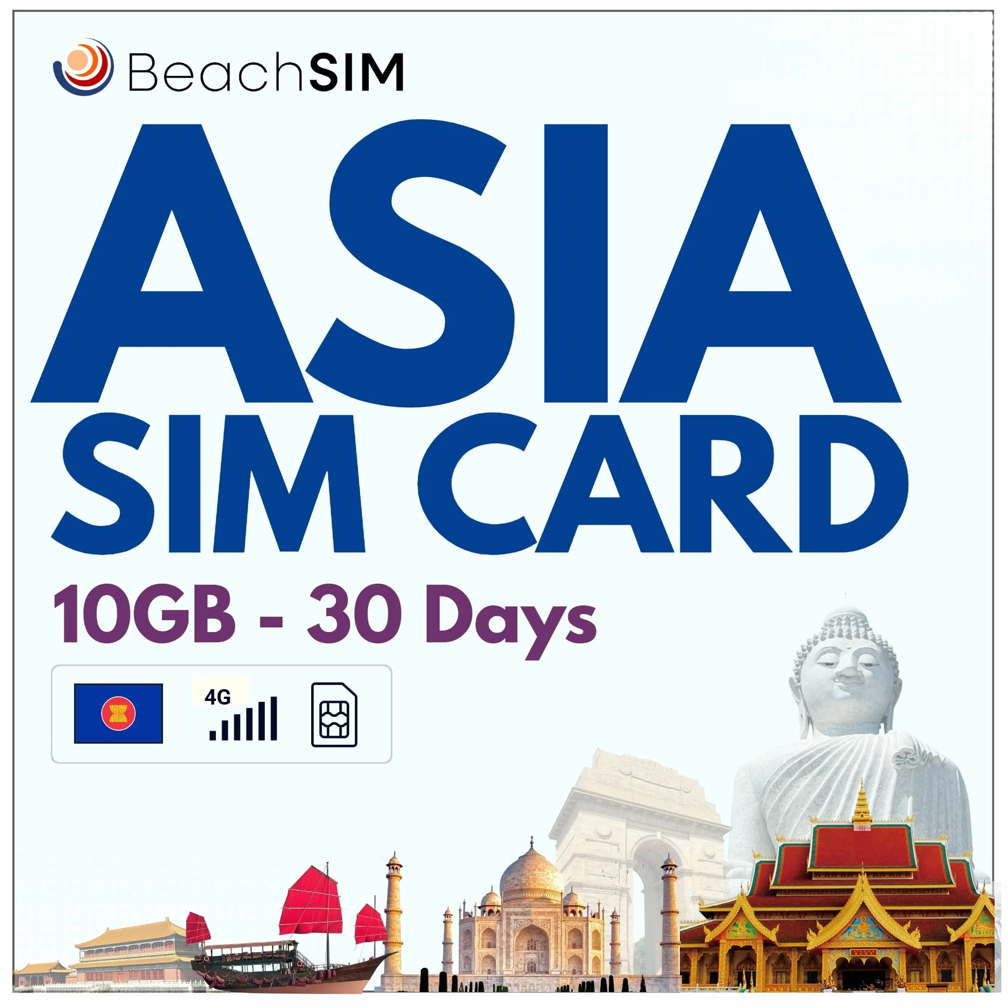 Karta SIM Asia. 12 GB danych przy prędkościach 4G/5G. Karta SIM tylko do transmisji danych. Darmowy roaming w Indonezji, Filipinach, Tajlandii i 9+ krajach Azji. Ważny przez 30 dni.