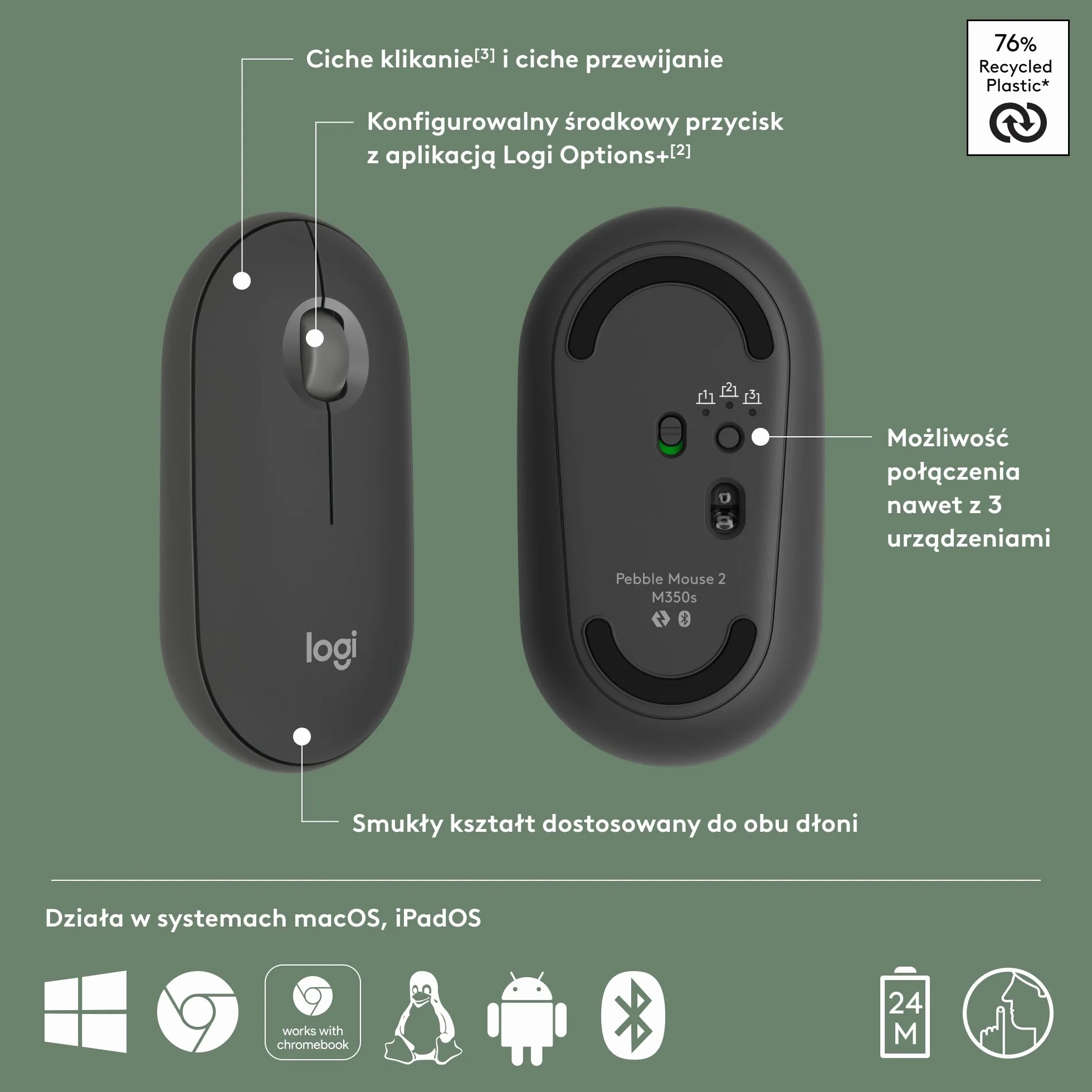 Logitech Pebble 2 M350s Bezprzewodowa Mysz Bluetooth Smukła Lekka Grafit