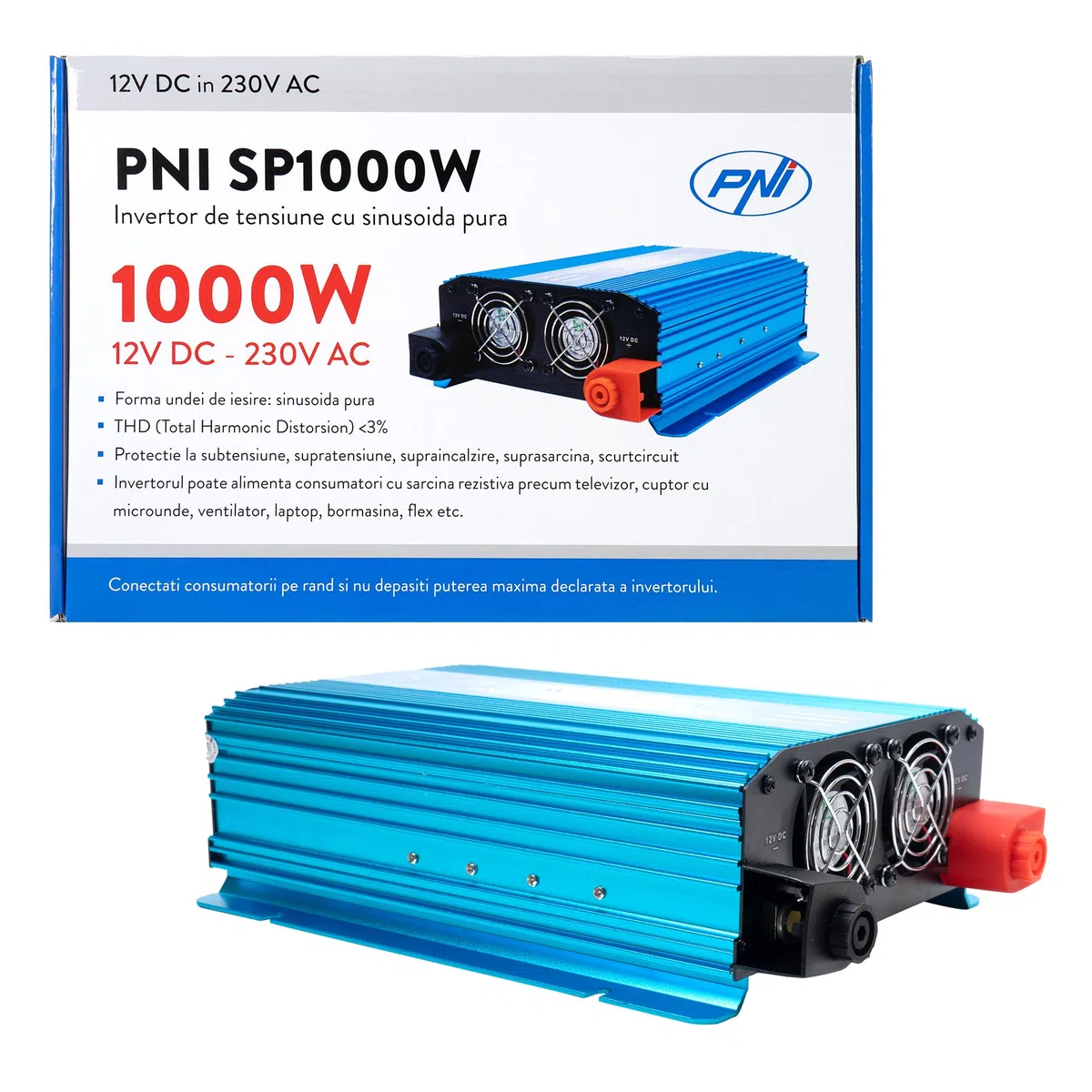 Inwerter 12V do 230V Volt Czysty Sinus sinusoida Przetwornica Inwerter PNI SP1000W napięcia samochodowa Falownik prądu przemiennego Czysta fala sinusoidalna Przetwornik DC AC