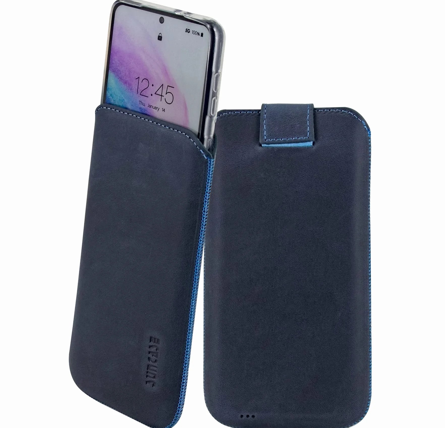 Suncase Prawdziwe skórzane etui kompatybilne z iPhone 16 Pro (pasuje do grubszych bumperów/silikonowych etui: wymiary wewnętrzne - 155 x 76 x 14 mm) w kolorze niebieskim Pebble Blue