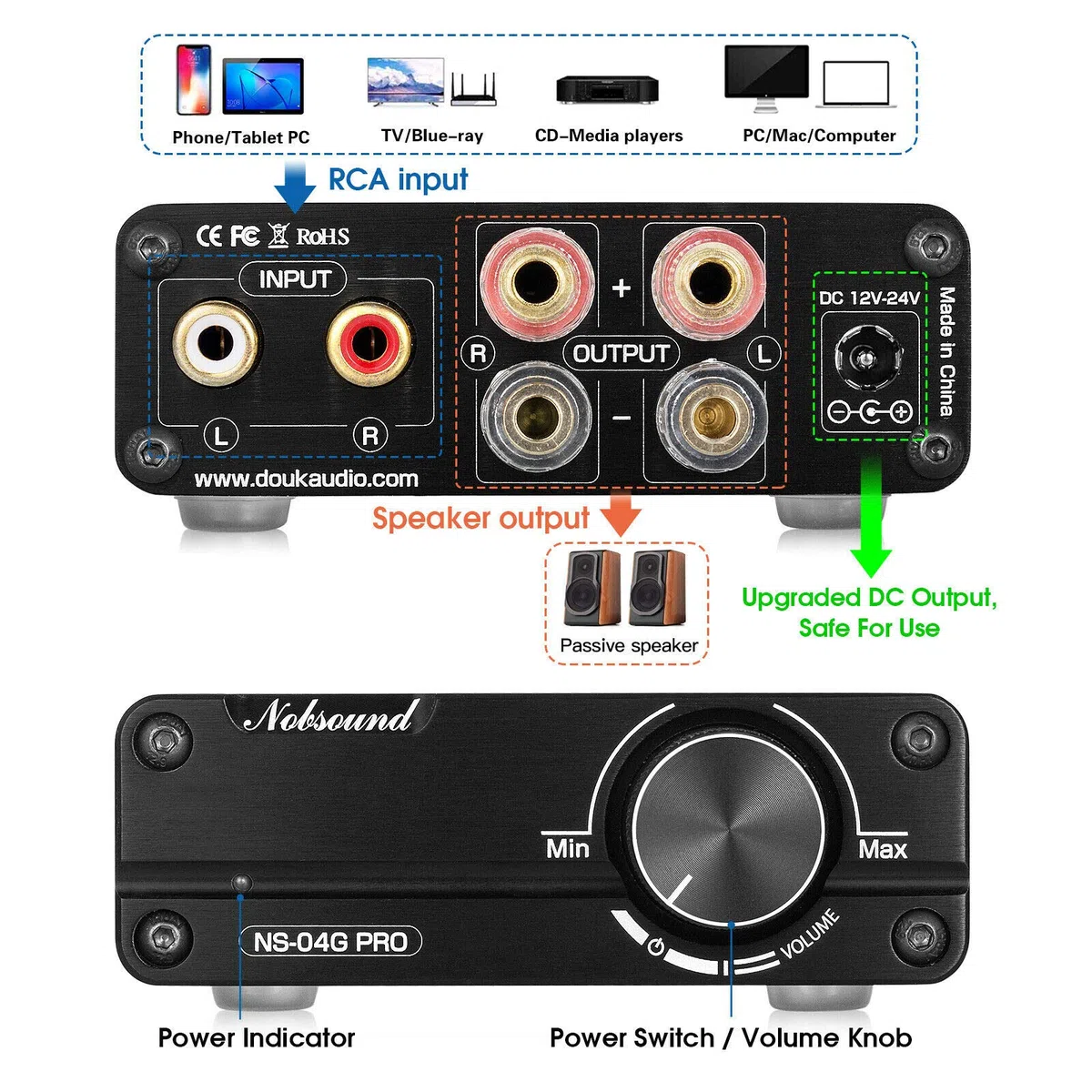 Nobsound, HiFi Mini Dual TPA3116 cyfrowy wzmacniacz stereo wysokiej jakości kanał 2.0 100 W x 2 z przedwzmacniaczem NE5532P, czarny