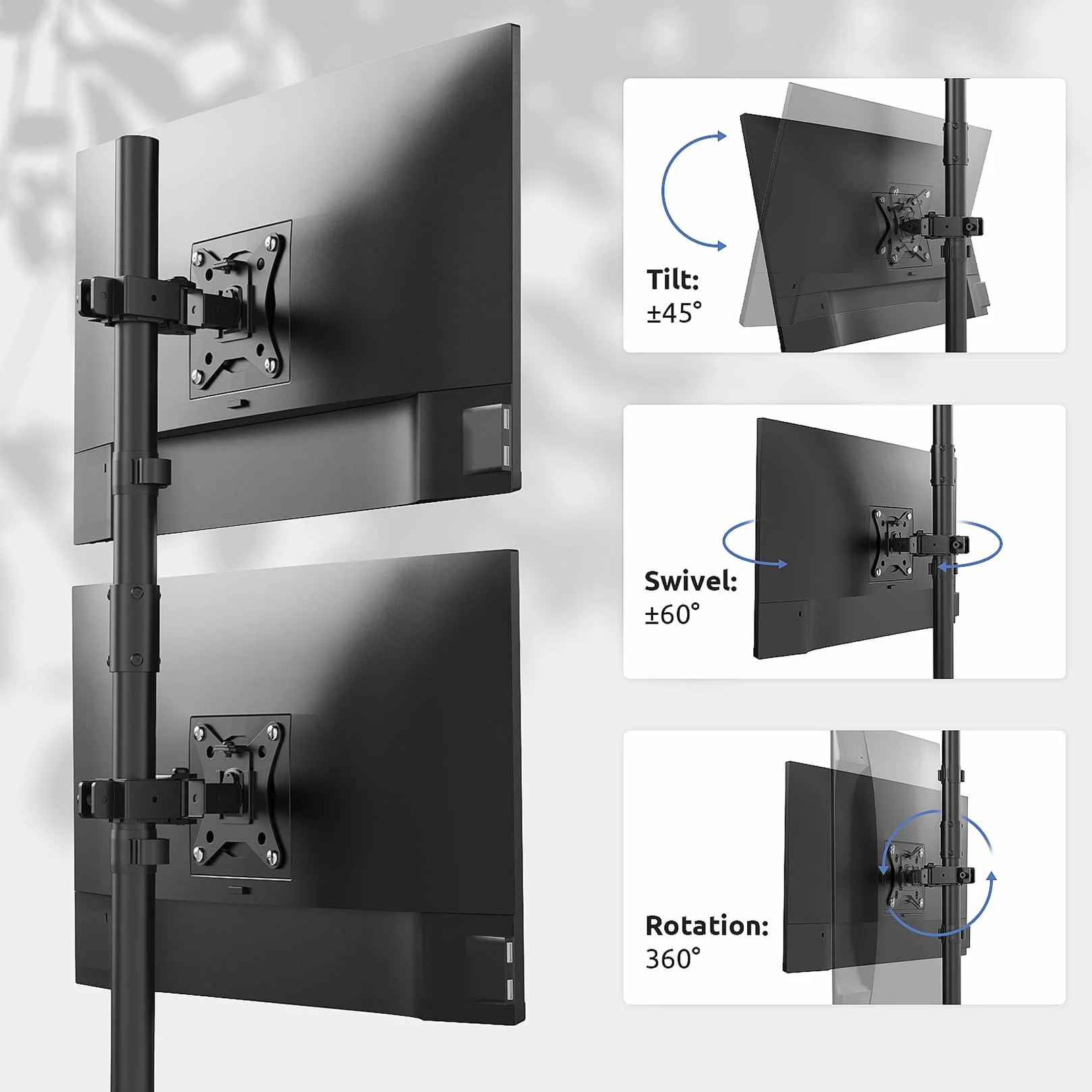 PUTORSEN Podwójny stojak na monitor, bardzo wysoki, 80 cm, pionowy uchwyt na monitor do monitorów 17-32 cali do 9 kg z obrotowym obrotem nachylenia, VESA 75 x 75-100 x 100 mm, PTMA66-L