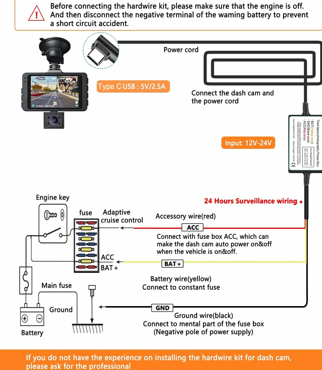 Gebildet Zestaw do ładowania kamer samochodowych typu C do kamer samochodowych DC 12-24V do 5V/2.5A z zabezpieczeniem przed niskim napięciem, całodobowy monitoring parkingowy z bezpiecznikiem(typ C)
