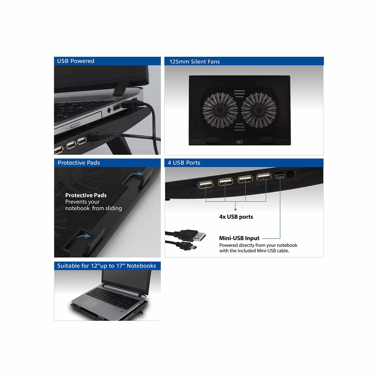 ACT Podkładka chłodząca do laptopa 43.2 cm, biznesowy stojak na laptopa z regulacją wysokości (2 ergonomiczne pozycje), 2 ciche wentylatory do biura, 4-portowy hub USB - AC8105