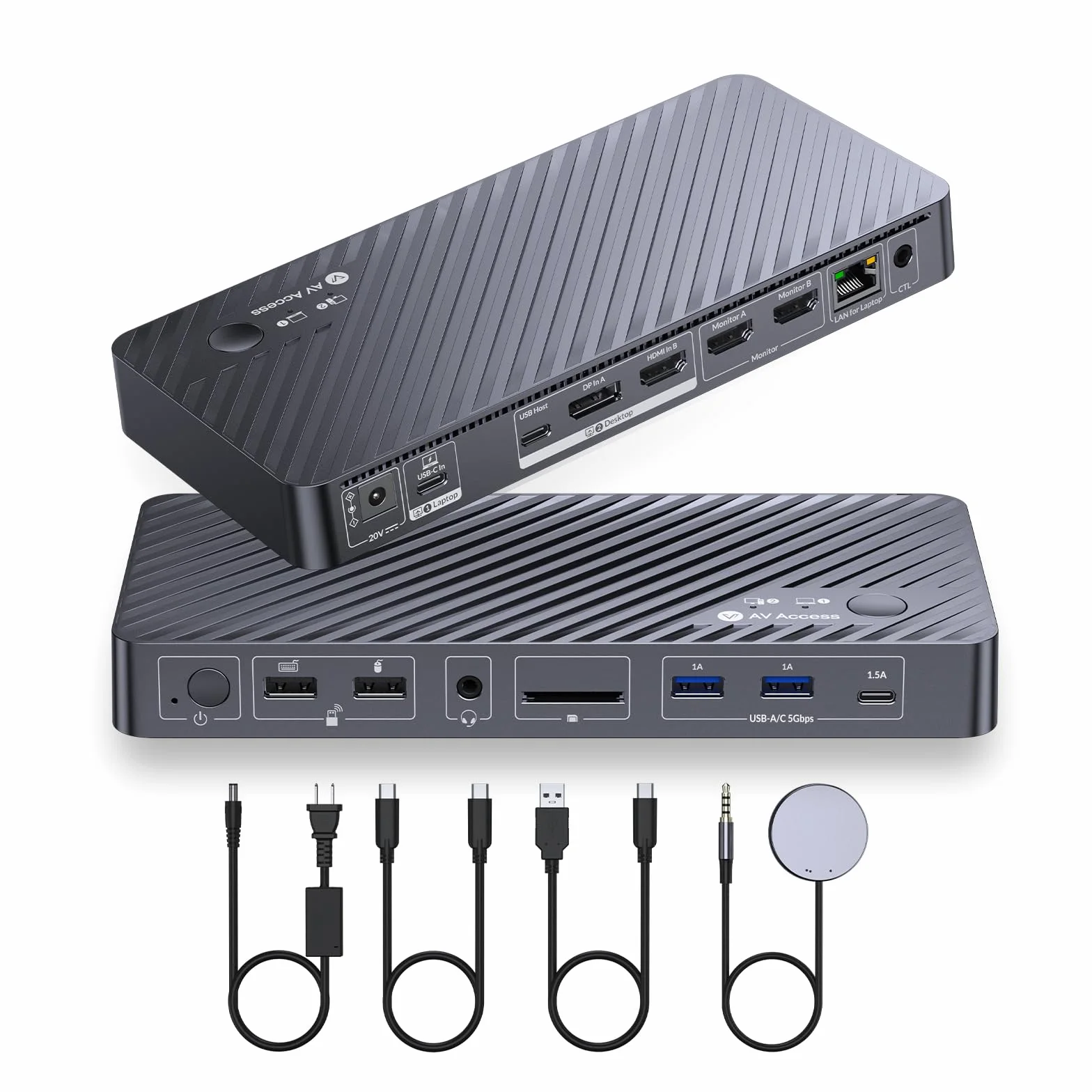 AV Access Docking Station Dual Monitor for Laptop & Desktop, KVM Switch 2 Monitors 2 Computers with Ethernet, EDID, 4K@60Hz Dual Display, 4xUSB, 1xUSB-C, Power Supply for Laptop, Audio, SD