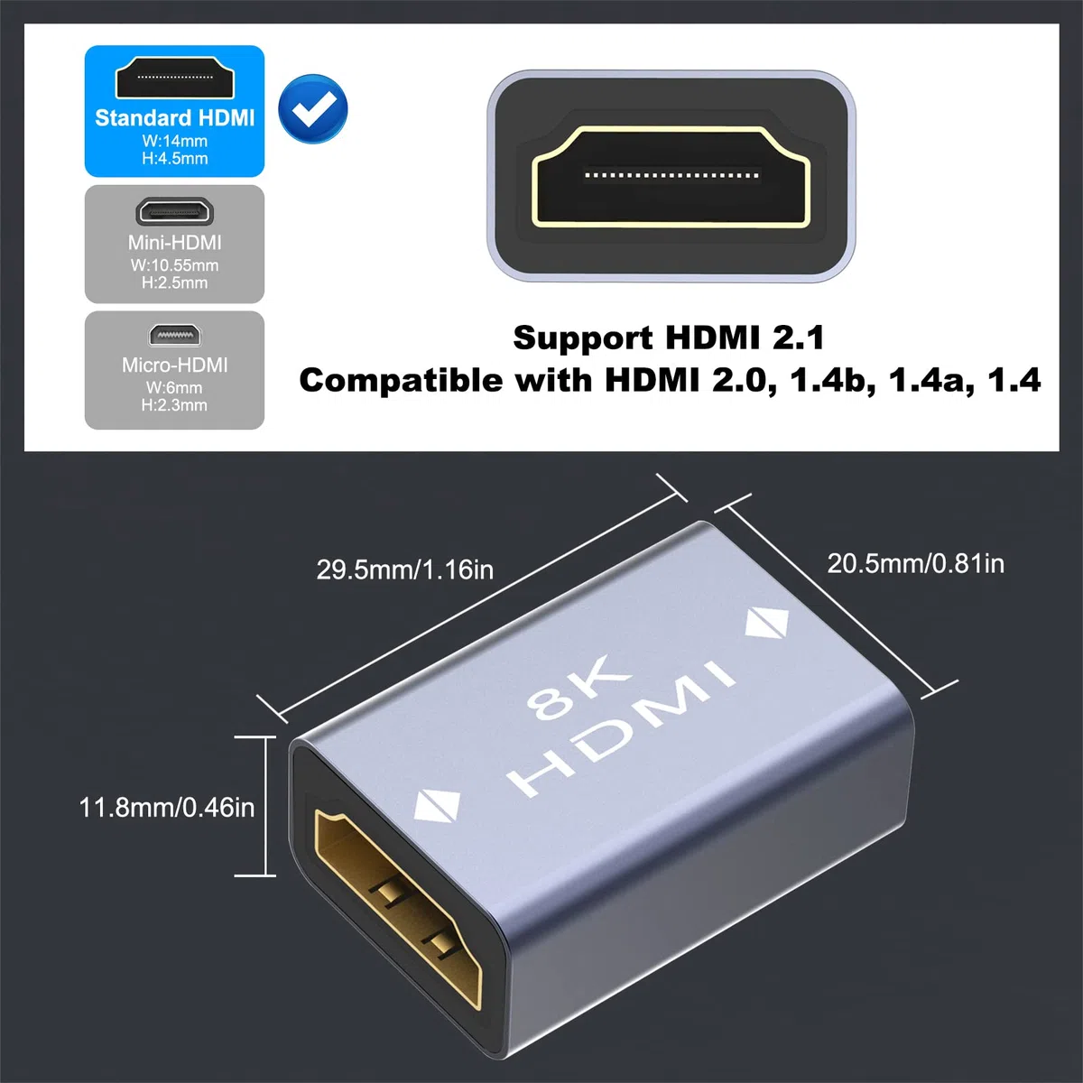 VCELINK Łącznik HDMI 8K, przedłużacz adaptera żeńskiego na żeński 2.1, pozłacane złącze HDMI, obsługa 8K/4K przy 60 Hz UHD, rozdzielczość 7680 * 4320, 3D, HDR, ARC do laptopa, komputera, monitora