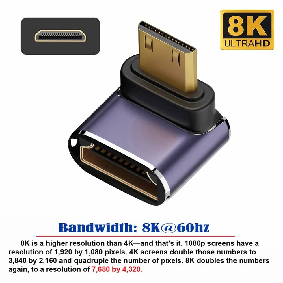 Kątowy mini HDMI męski na HDMI 2.1 żeński przedłużacz UHD złoty konwerter adapter obsługuje 8K 60 Hz HDTV