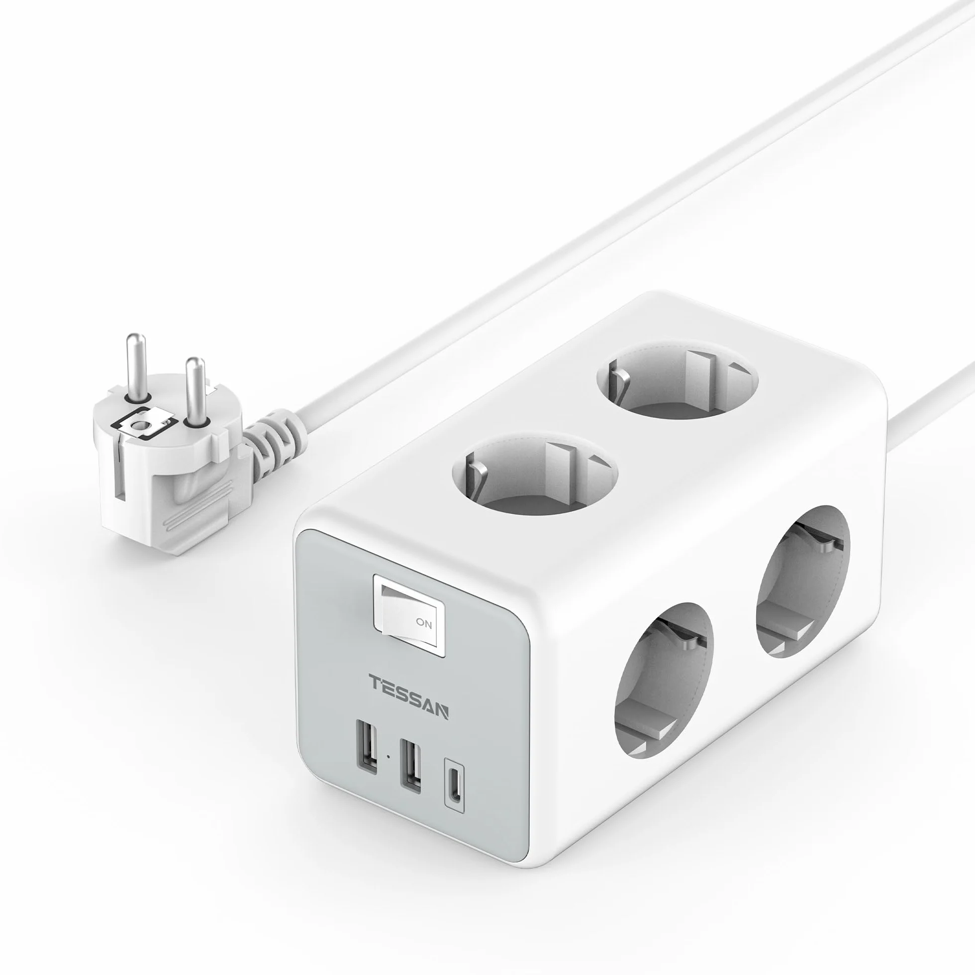 TESSAN Listwa zasilająca USB C, 9 w 1 przedluzacz elektryczny z 3 USB porty, listwy zasilające z wyłącznikami, przedłużacz elektryczny 2M, listwa USB do domu, biura, 3600W, szaro biały