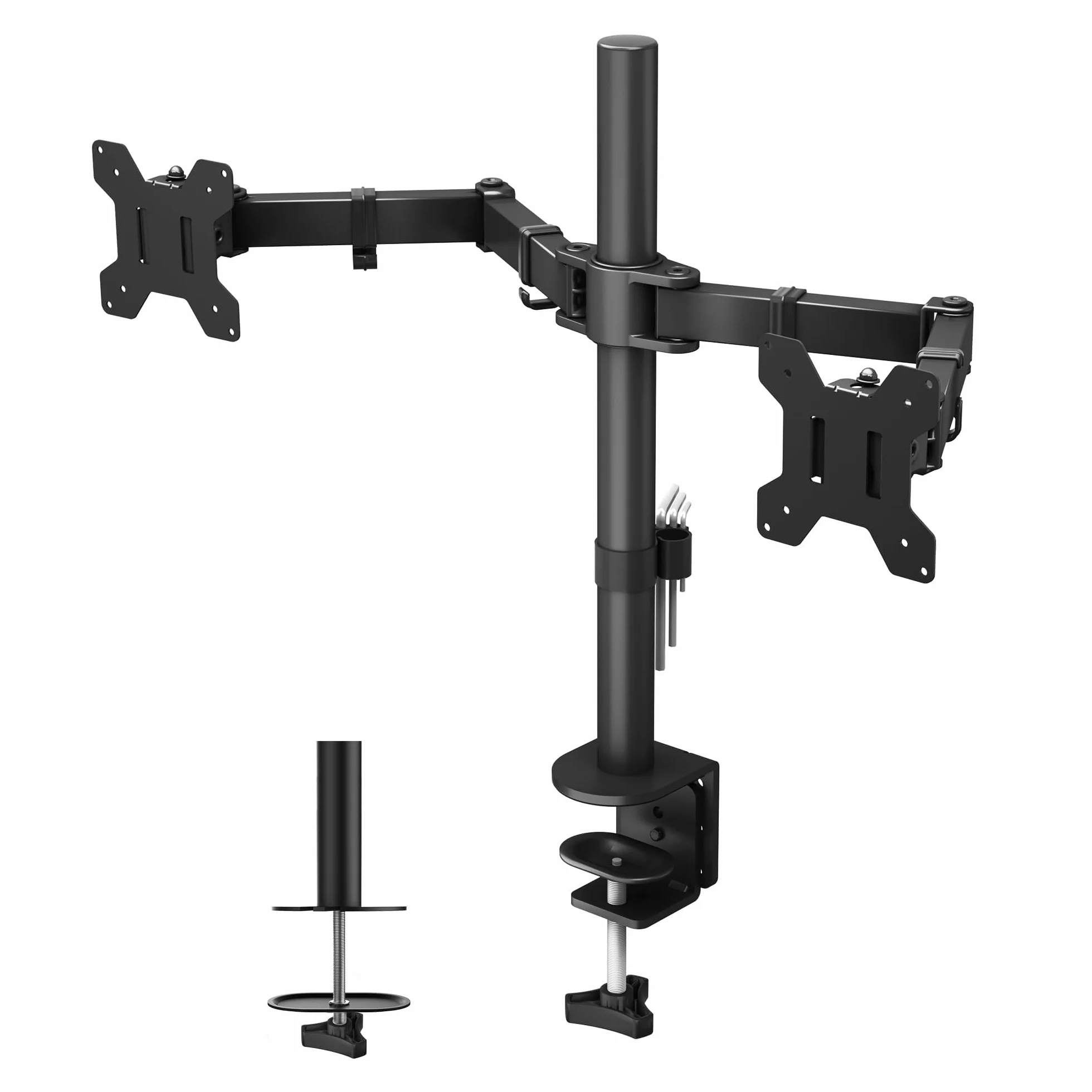BONTEC Wspornik na 2 Monitory do Płaskiego i Zakrzywionego Ekranu 13-27 cali, Podwójny Uchwyt na Biurko z Regulacją Wysokości i Odchylenia, Max. Udźwig 10 kg na Monitor, VESA 75x75 mm, 100x100 mm