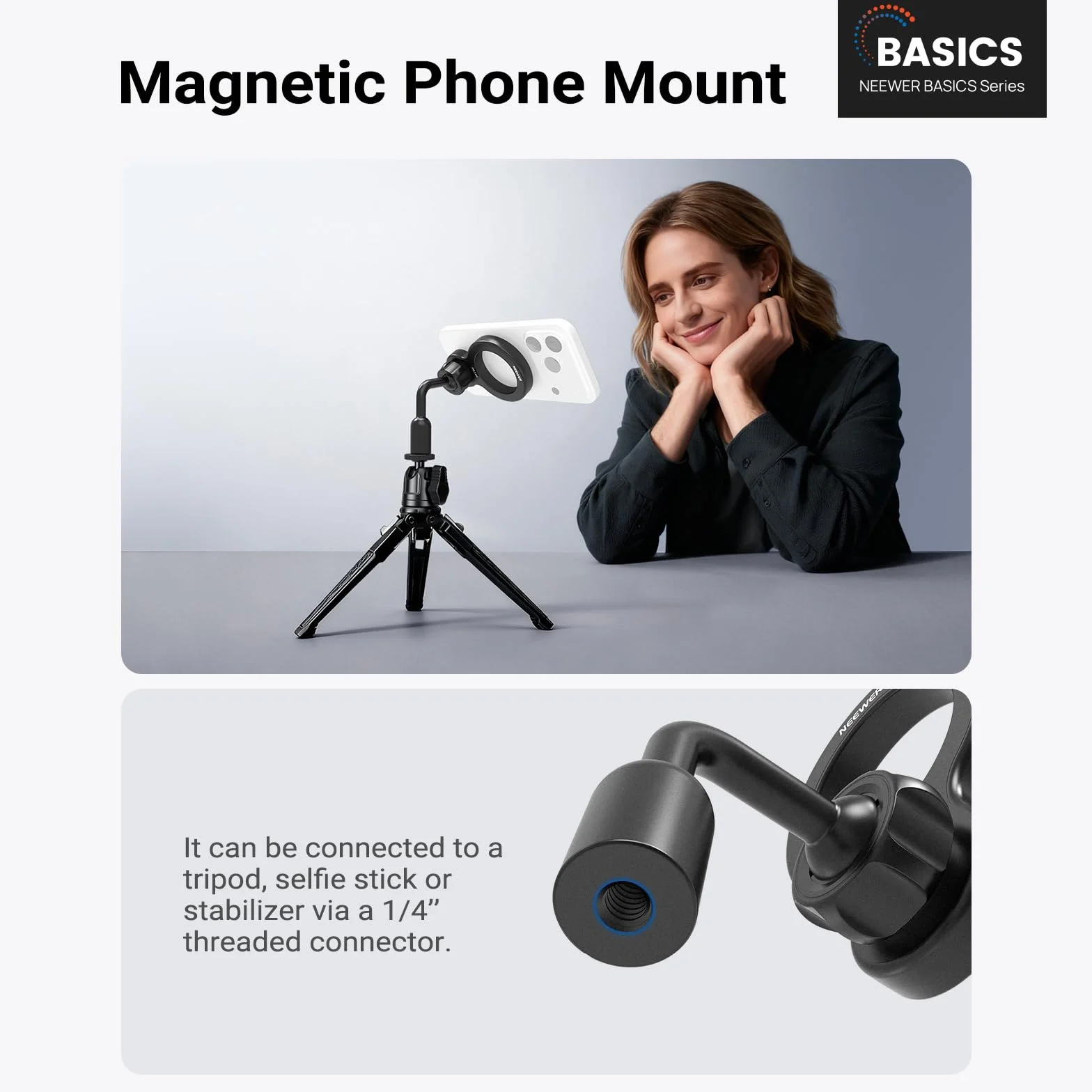 NEEWER BASICS Magnetyczny adapter do montażu na statywie do telefonu, głowica kulowa 360°, aluminiowa, kompaktowa, lekka, przenośna nasadka na telefon, kompatybilna z MagSafe, iPhone, Samsung, Android