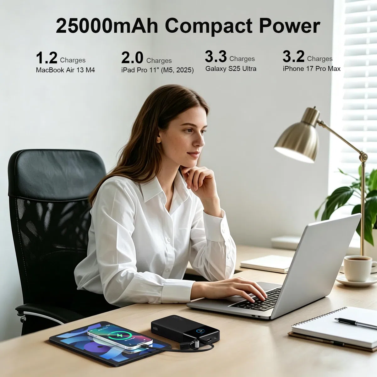 NOBIS Power Bank 187W 25000mAh Przenośna Ładowarka Z Dołączonym Kable USB-C | Szybkie zewnętrzne akumulatory z wyświetlaczem cyfrowym, Sterowaniem Aplikacją, dla iPhone, MacBook, Samsung Galaxy