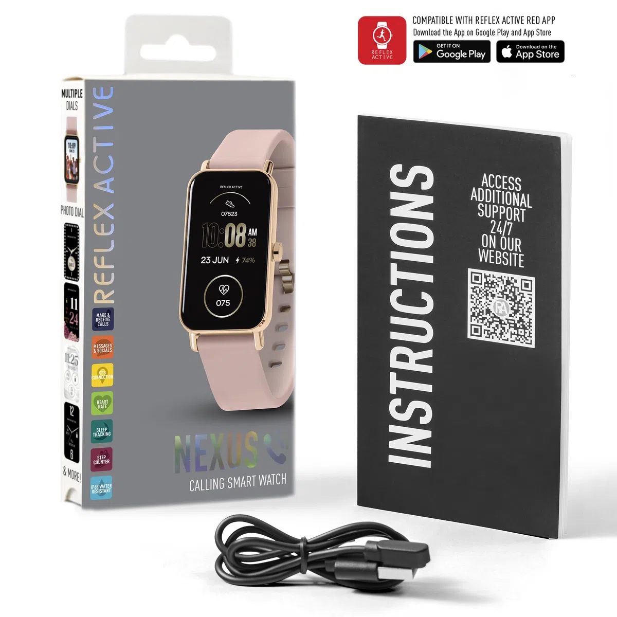 Reflex Active Różowy Nexus damski smartwatch 4,6 cm, funkcje wellness, połączenie GPS, sterowanie muzyką, tryby sportowe, monitorowanie tętna, kontrola tlenu we krwi, sterowanie muzyką, kompatybilny z