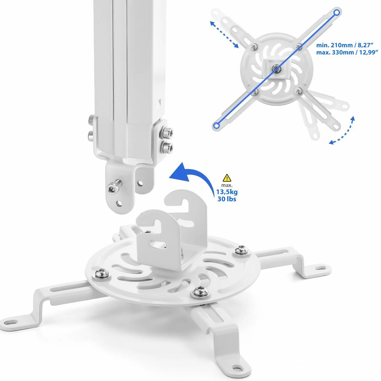 deleyCON Uniwersalny Uchwyt do Projektora Uchwyt Sufitowy +-15° Odchylany - Możliwość Obrotu o 360 - do 13,5 kg - Regulowana Wysokość 380-580 mm - Prowadnica Kabla - Biały