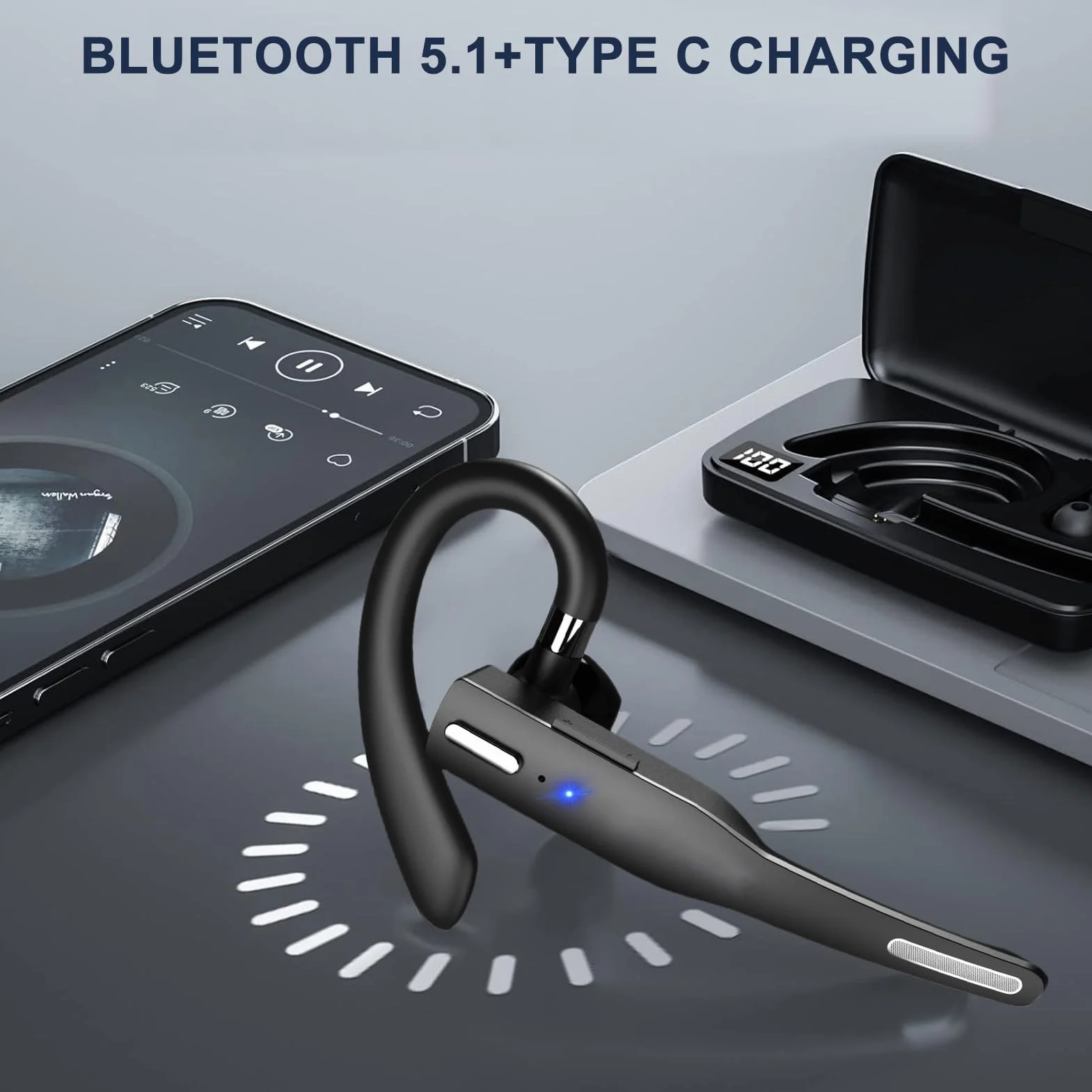 Zunate Słuchawki Bluetooth 5.1, bezprzewodowy zestaw głośnomówiący z mikrofonem, obrotowy, pojedynczy, douszny, bezprzewodowy zestaw słuchawkowy do prowadzenia samochodu, biura, sterowanie jednym