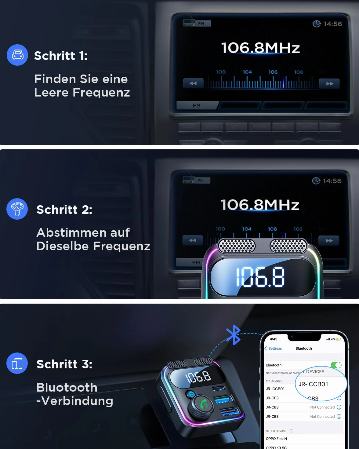 JOYROOM Samochodowy nadajnik FM Bluetooth 81W, Bluetooth 5.4, 45W PD, 36W QC, zestaw głośnomówiący z podwójnym mikrofonem