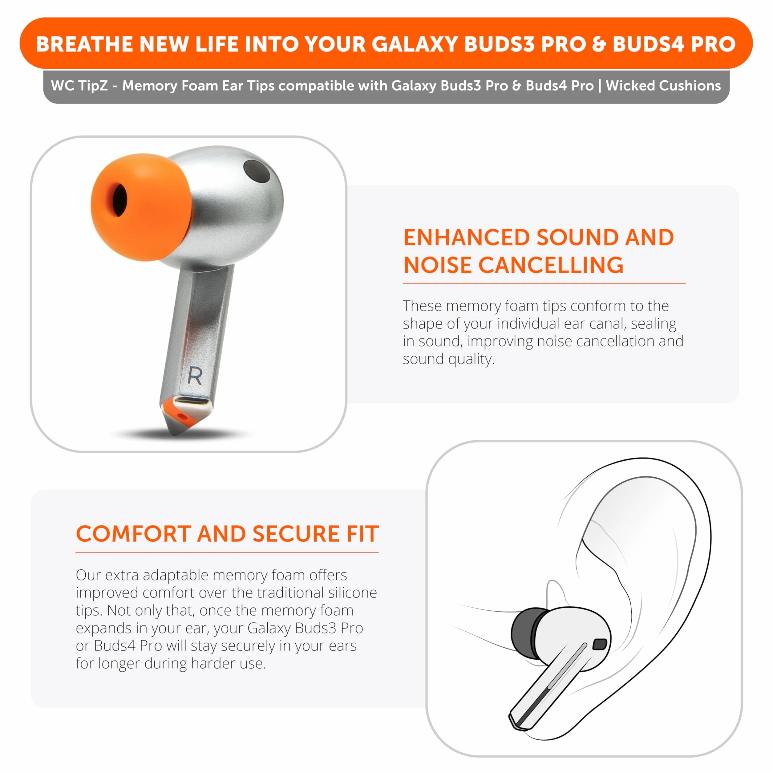 WC TipZ Galaxy – Wkładki z Pianki Memory Foam Kompatybilne z Samsung Galaxy Buds Pro 3 & Pro 4 od Wicked Cushions | Lepszy Komfort, Uszczelnienie i Sprężystość | Pomarańczowy