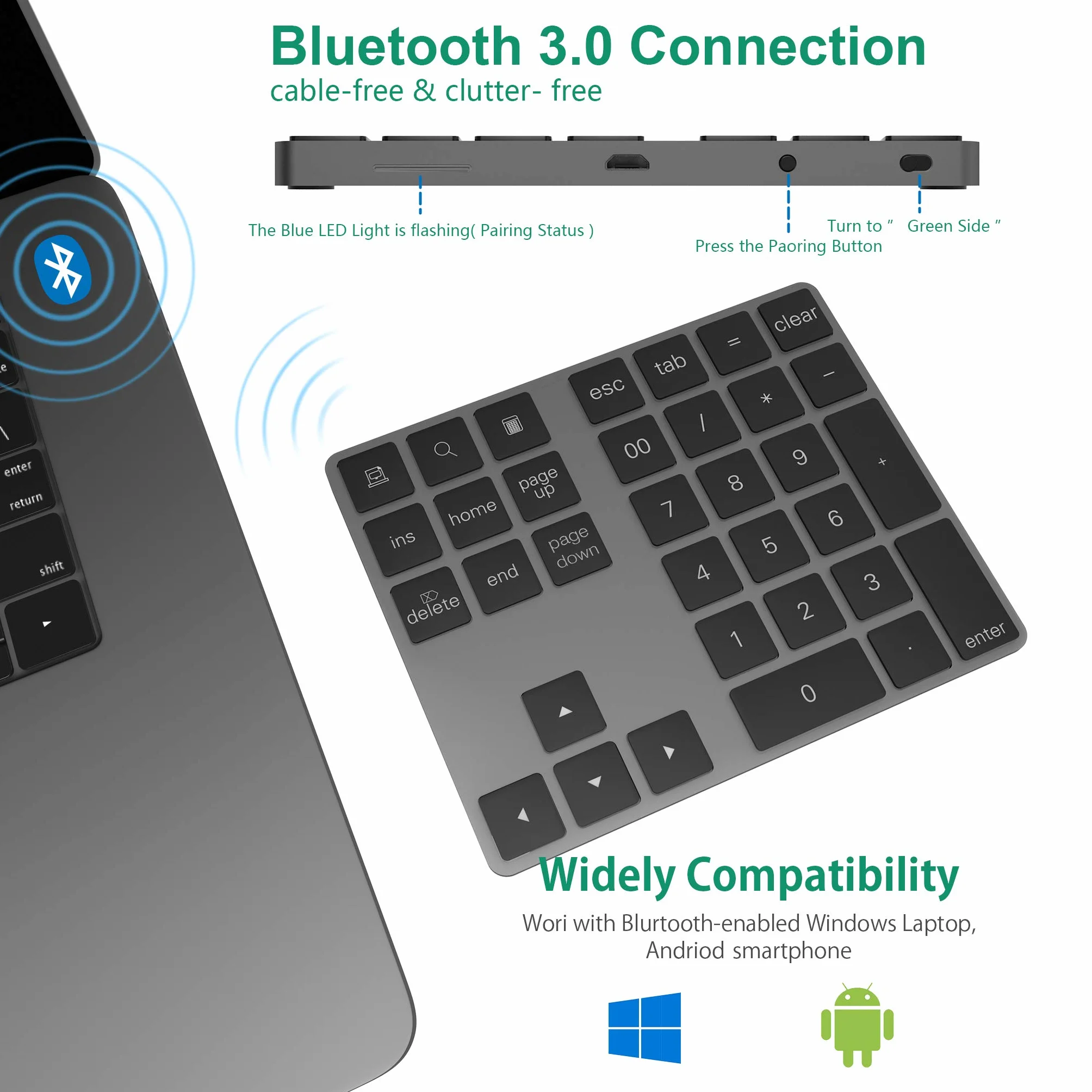 Klawiatura numeryczna Bluetooth, bezprzewodowa klawiatura z wieloma skrótami, 34-klawiszowa klawiatura numeryczna do M acbook/iP ad/laptopa/PC/telefonu, kompatybilna z Surface Pro, Windows,