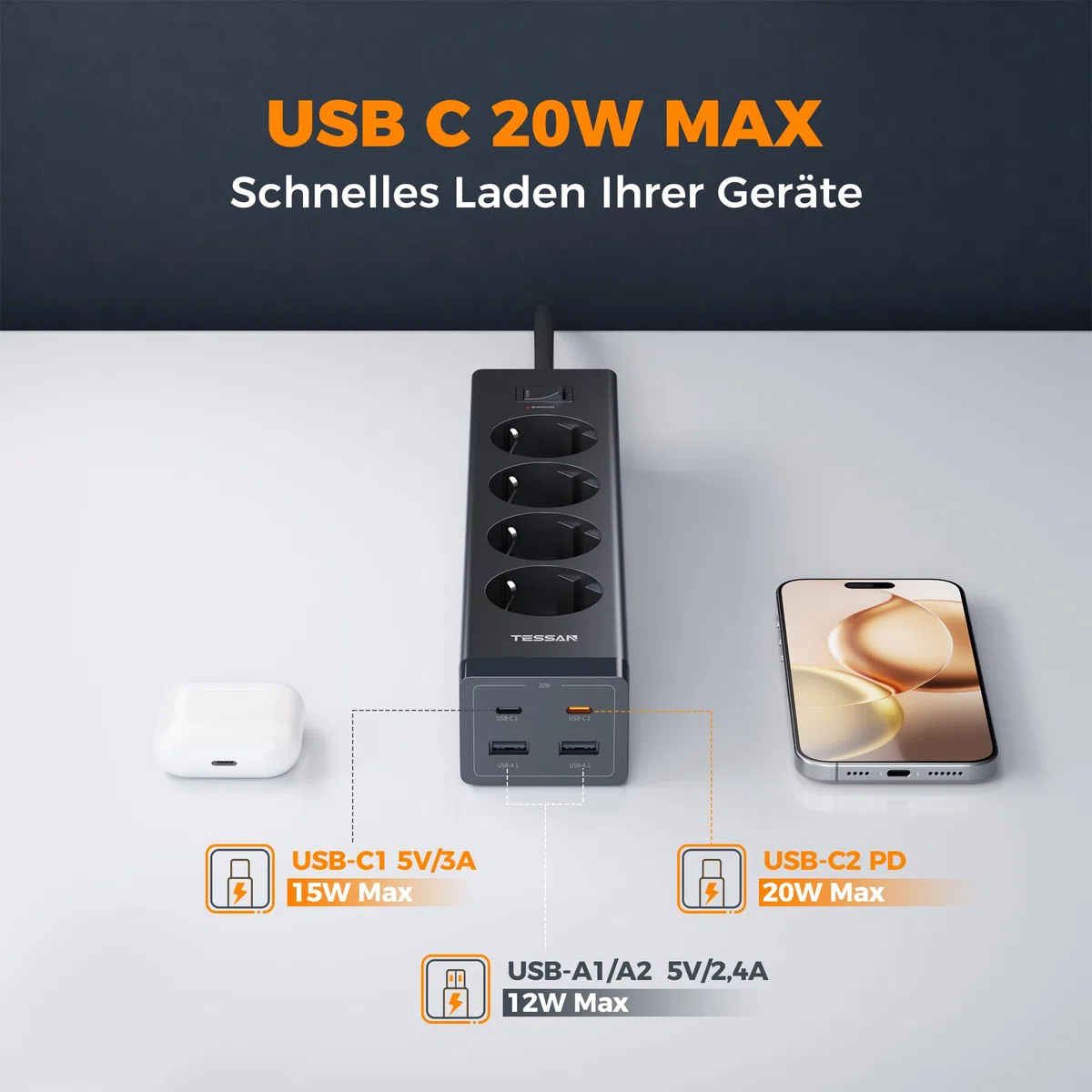 TESSAN 4-drożne gniazdko wielokrotne z przedłużaczem 2 m, czarne | Listwa zasilająca z 2 gniazdami USB C i 2 USB A, wtyczka wielokrotna z przełącznikiem, 3600 W, listwa zasilająca