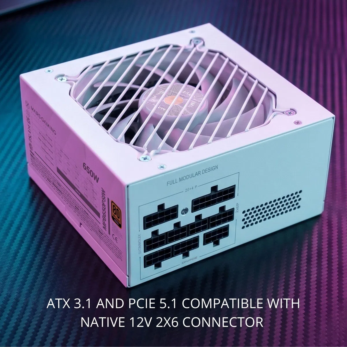 Mars Gaming MPB650PSI, Zasilacz Komputerowy Full Modular 650W, 10 Lat Gwarancji, 80Plus Gold 90%, Wentylator SI Extreme Silence, Technologie AI2-RPM, DC-DC i SMD, ATX 3.1 i PCIe 5.1, Biały