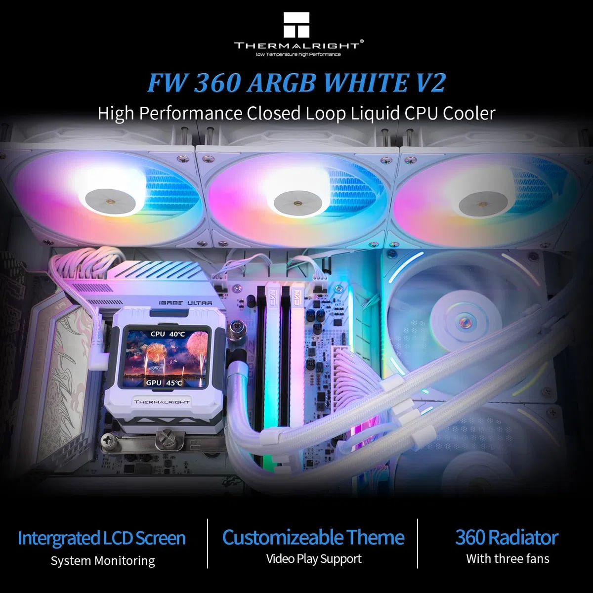 Thermalrlght FW 360 biały ARGB CPU chłodziarka wodna z 3 wentylatorami PWM z 2000 obr./min, ekran LCD IPS o rozdzielczości 320 * 240, chłodzenie procesora cieczy, chłodzenie procesora PC Aio Cooler