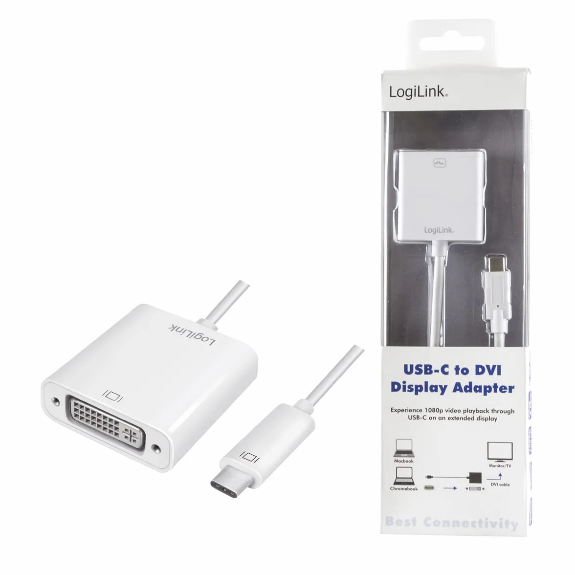 LogiLink UA0245A – USB-C (USB 3.2 Gen 1x1) adapter DVI z wbudowanym nadajnikiem DVI, rozdzielczość 1080p dla Windows 8/10, Mac OS X (w zestawie modele MacBook Pro od 2016), Chrome OS i Android