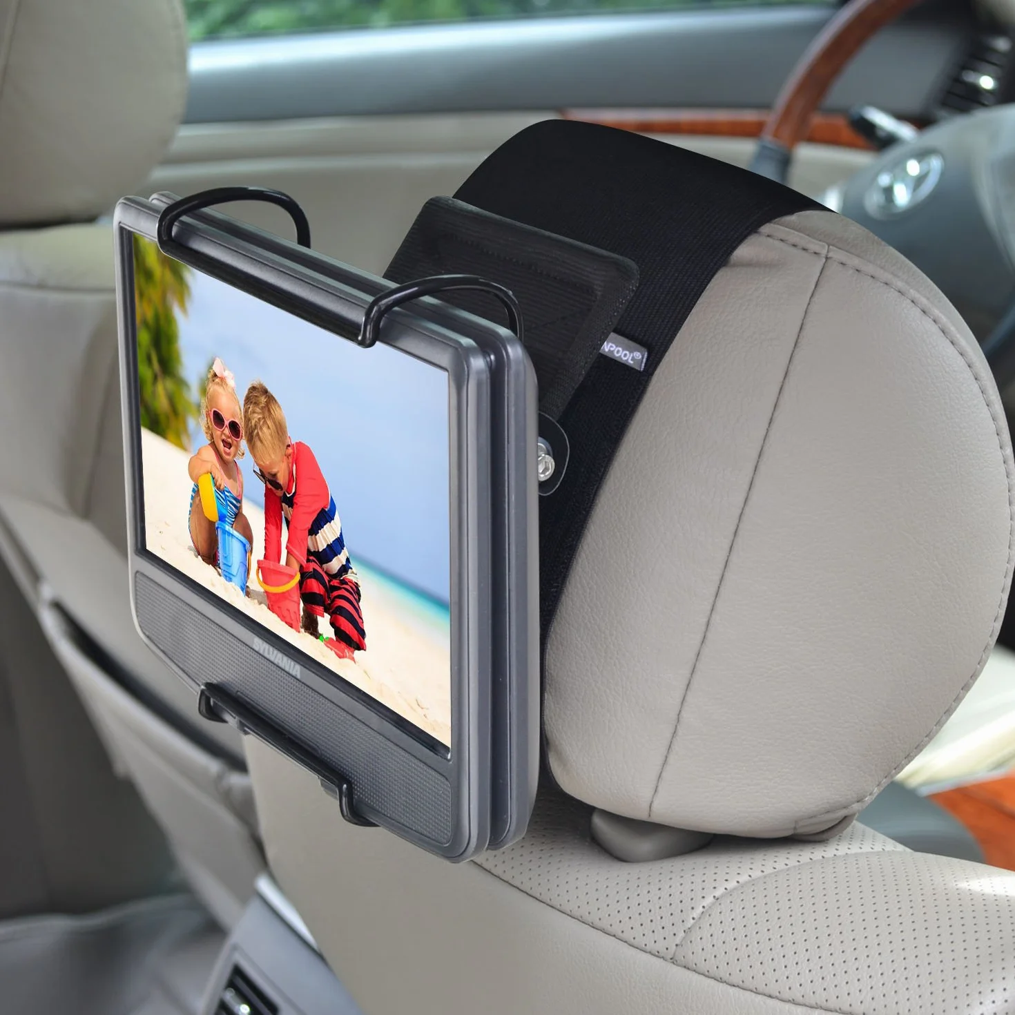 Uchwyt na zagłówek z regulowanymi zaciskami do przenośnych odtwarzaczy DVD, 10 cali LCD LED, czarny