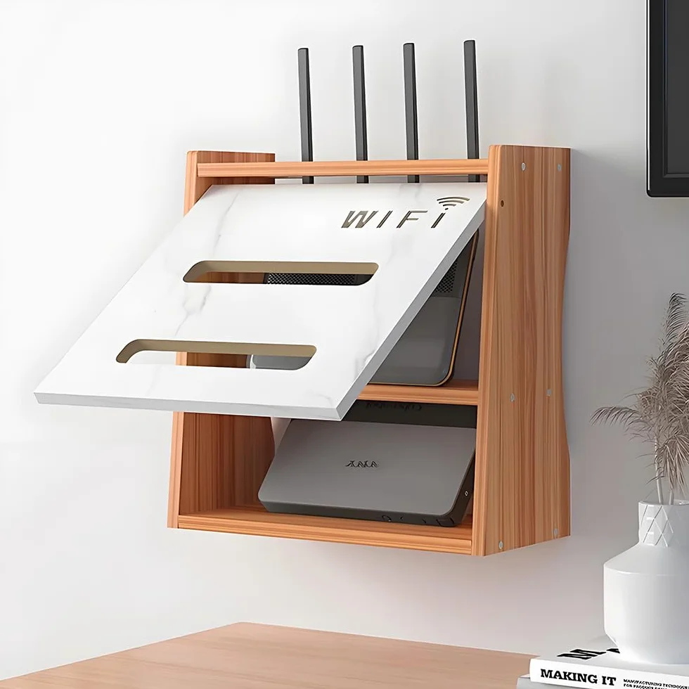 Modem, szafka modemowa, skrzynka na router, schowek na kable, 2 poziomy organizer ścienny do routerów i gniazd kasetowych (brązowy)