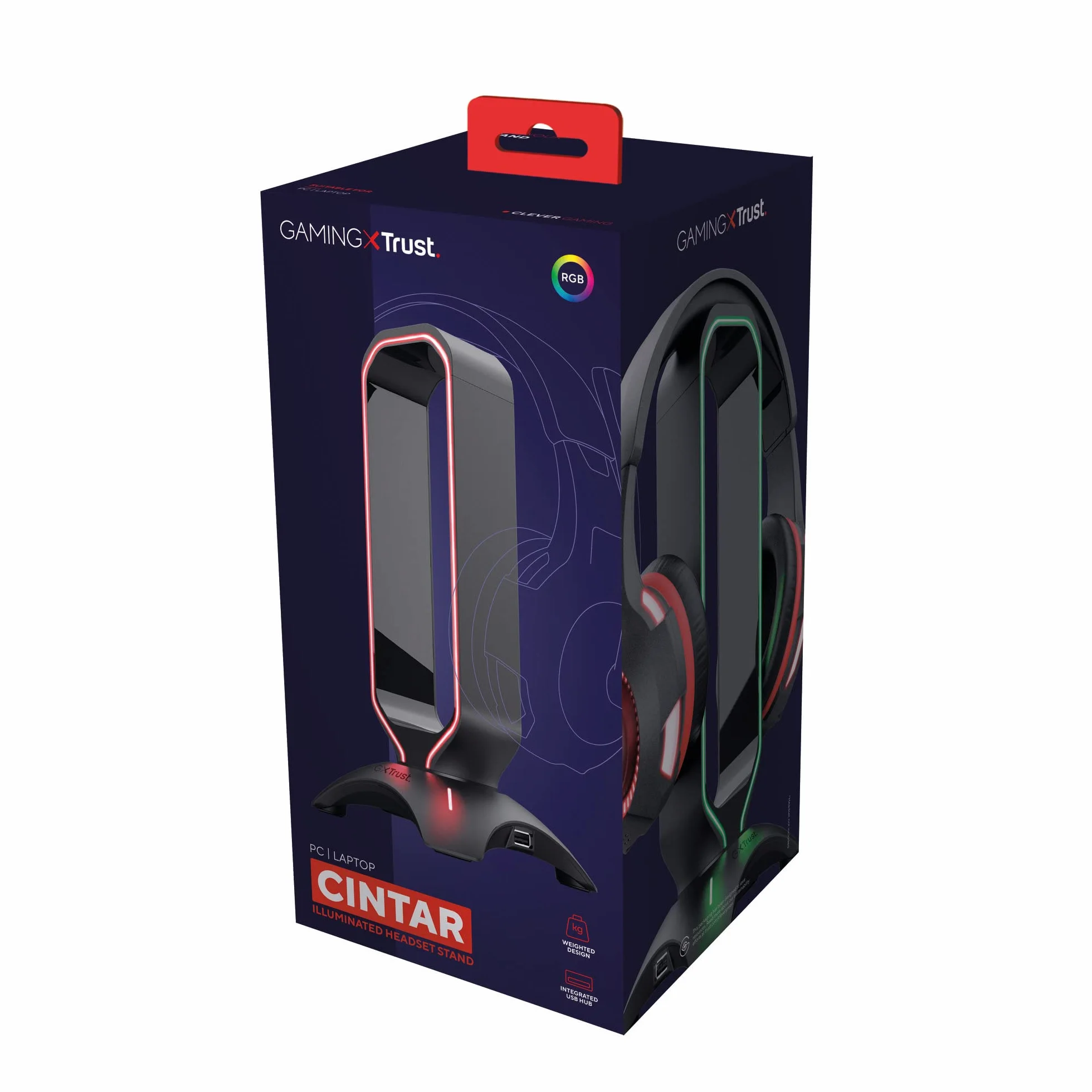 Trust GXT 265 Cintar stojak na słuchawki do gier, podświetlany stojak LED RGB na słuchawki, 2 dodatkowe porty USB-A, uniwersalne dopasowanie, kabel 1,5 m, antypoślizgowa podstawa - czarny