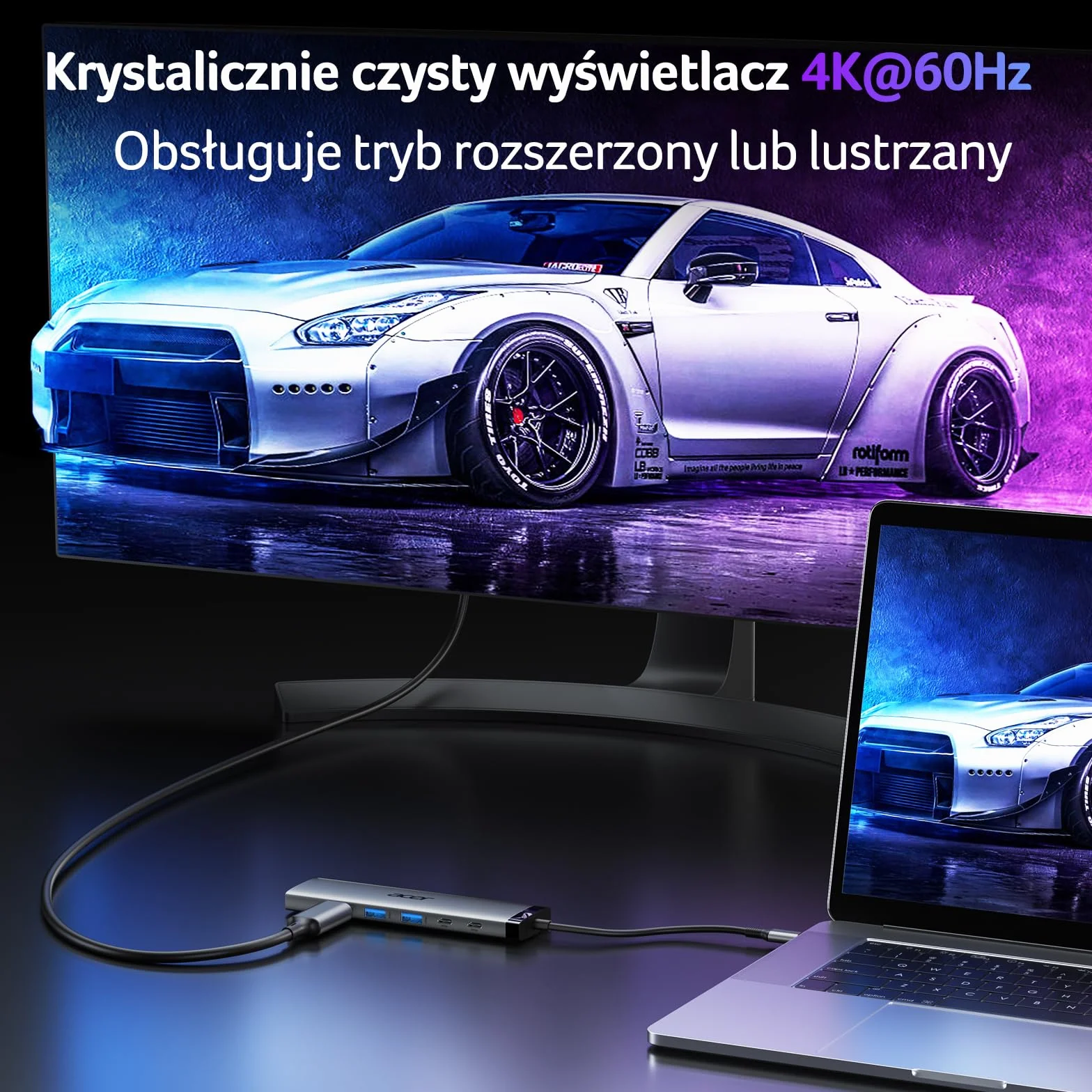 Acer 8 w 1 Hub USB-C 10Gbps Adapter USB-C do HDMI 4K@60Hz 2×USB-C 3.2 2×USB A 3.0 Port PD 100W Rozdzielacz wieloportowy typu C z czytnikiem kart SD/TF