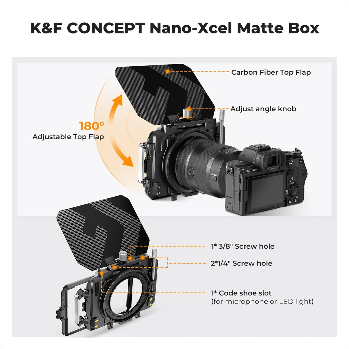 K&F Concept Matte Box Lite z górną flagą z włókna węglowego do lustrzanek cyfrowych i aparatów bezlusterkowych, kompatybilny z obiektywami 67 mm/72 mm/77 mm/82 mm/95 mm | z 1 uchwytem filtra 4" x 5,65" z 5 adapterami pierścieniowymi (67/72/77/82/95 mm) -