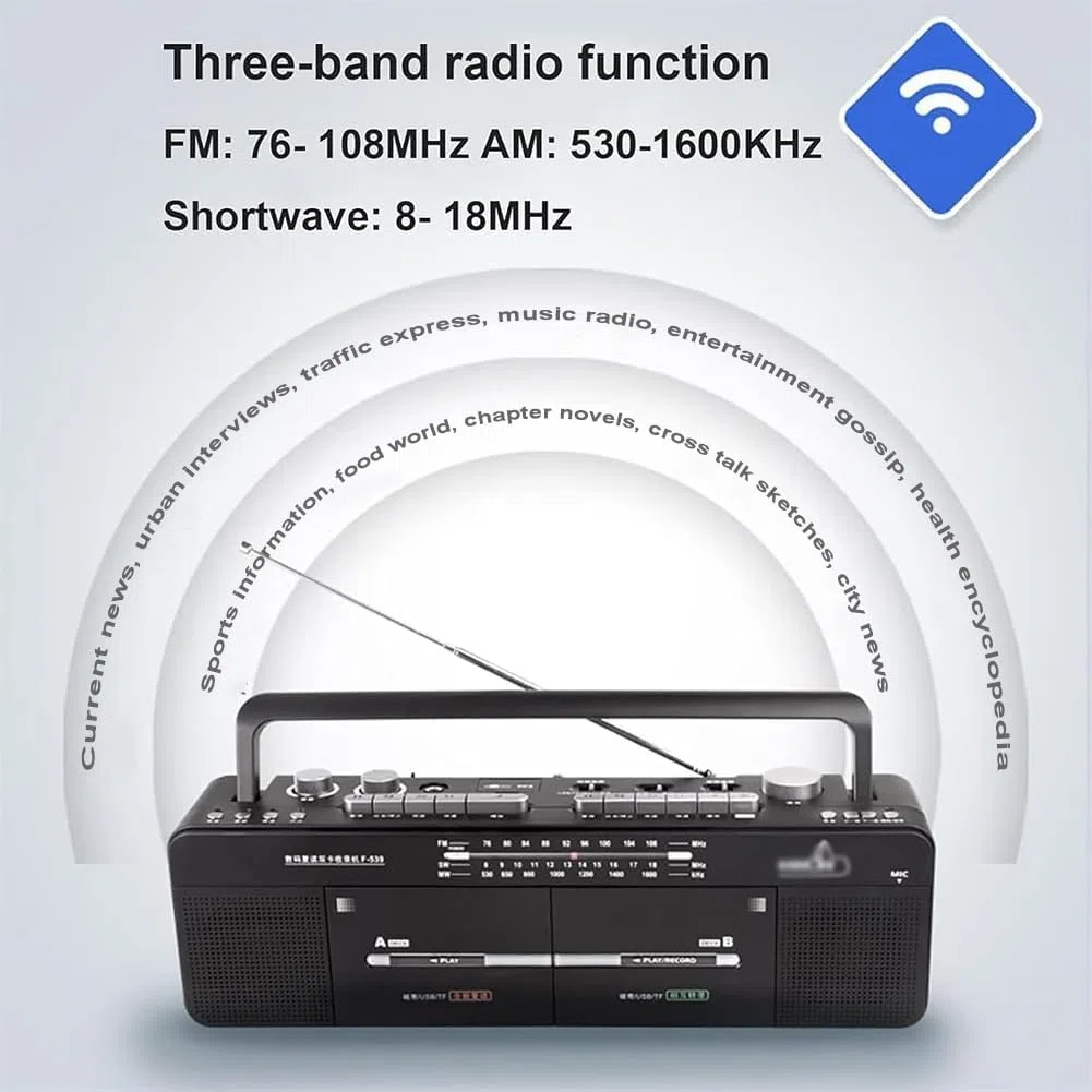 Magnetofon kasetowy, magnetofon kasetowy, radio AM/FM, FM/SW/WM, podwójny odtwarzacz taśmowy, dysk MP3/U, wzmacniacz, nagrywanie jednym kliknięciem, transkrypcja dla miłośników muzyki i audio