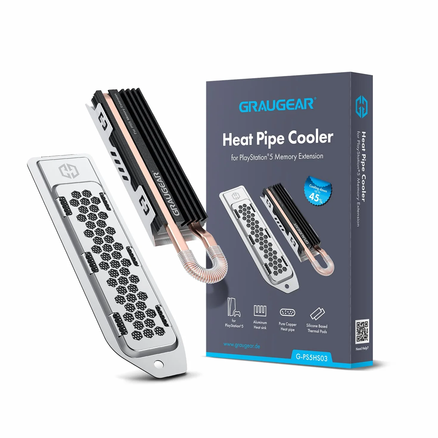 GRAUGEAR Radiator HeatPipe do M.2 NVMe SSD (2280), Playstation 5, PS5 Slim, do rozszerzenia pamięci PS5, z osłoną chroniącą przed kurzem.