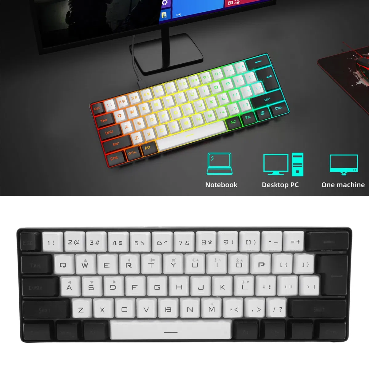 Mechaniczna klawiatura do gier, 61 klawiszy, 60% kompaktowa klawiatura do gier z 7-kolorowym podświetleniem RGB, przewodowa klawiatura USB do laptopa stacjonarnego i podróżna (czarno-biała) (biał