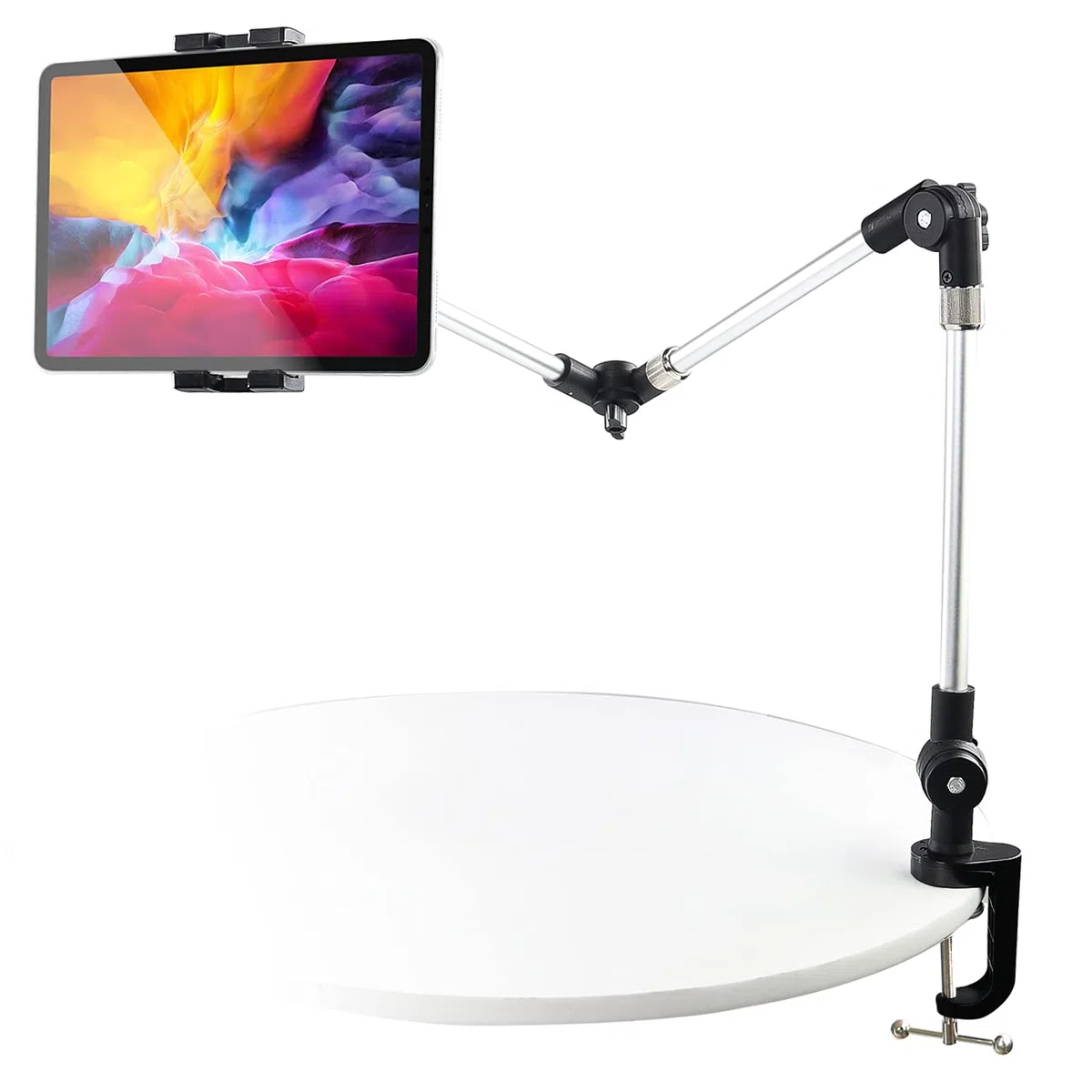Metalowy uchwyt na tablet z długim ramieniem, regulowany stojak na tablet do łóżka, biurka w kuchni, elastyczny składany aluminiowy zacisk do tabletu iPad Pro 12,9 Air Mini, Galaxy Tabs, Switch