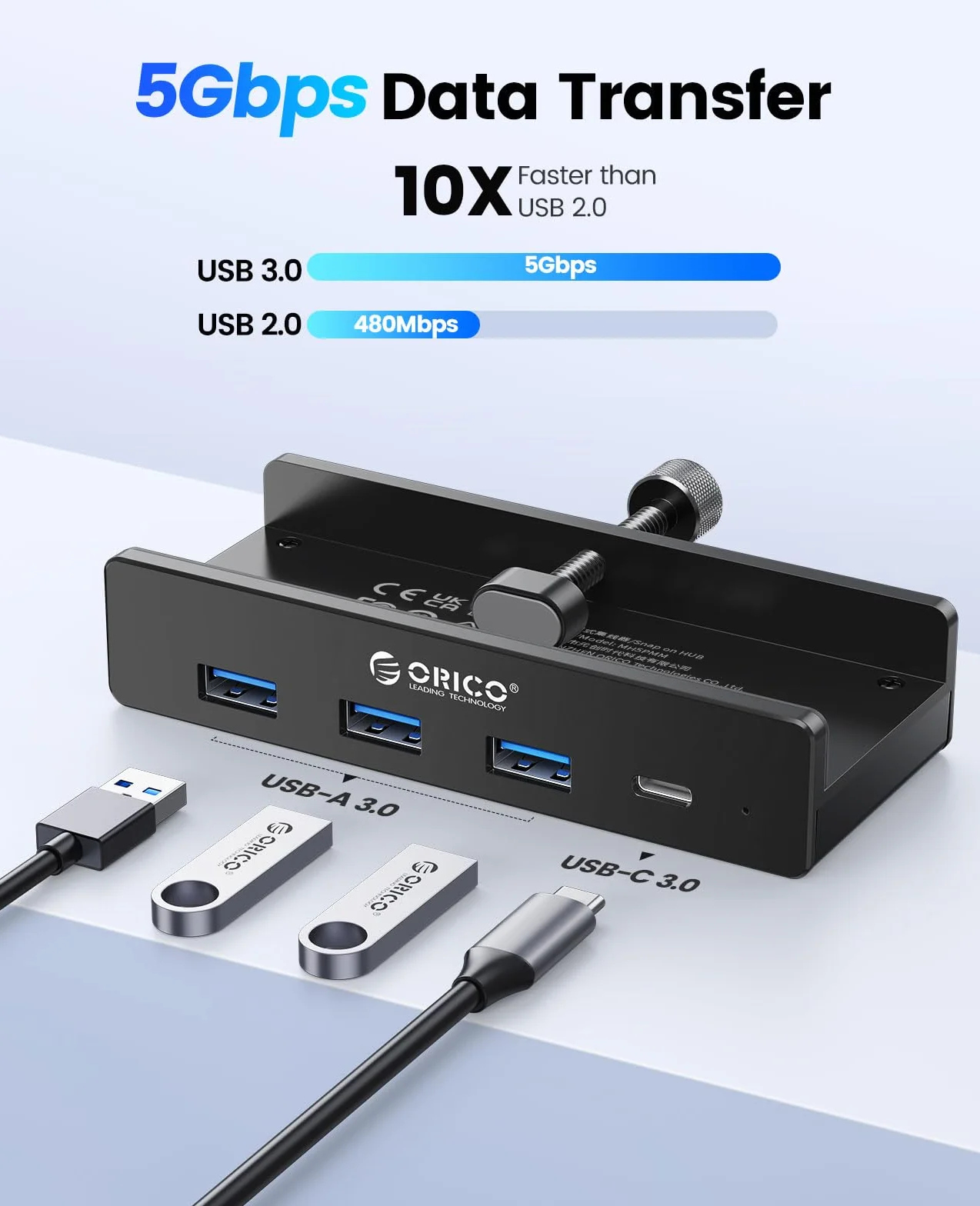 ORICO hub USB, aluminiowy hub USB 3.0 z mocowaniem 5V, 5Gbps 4-portowy rozdzielacz USB z 3 portami Typ-A 3.0 i 1 portem Typ-C 3.0, kabel 100 cm (C na A/C), do monitorów, biurek