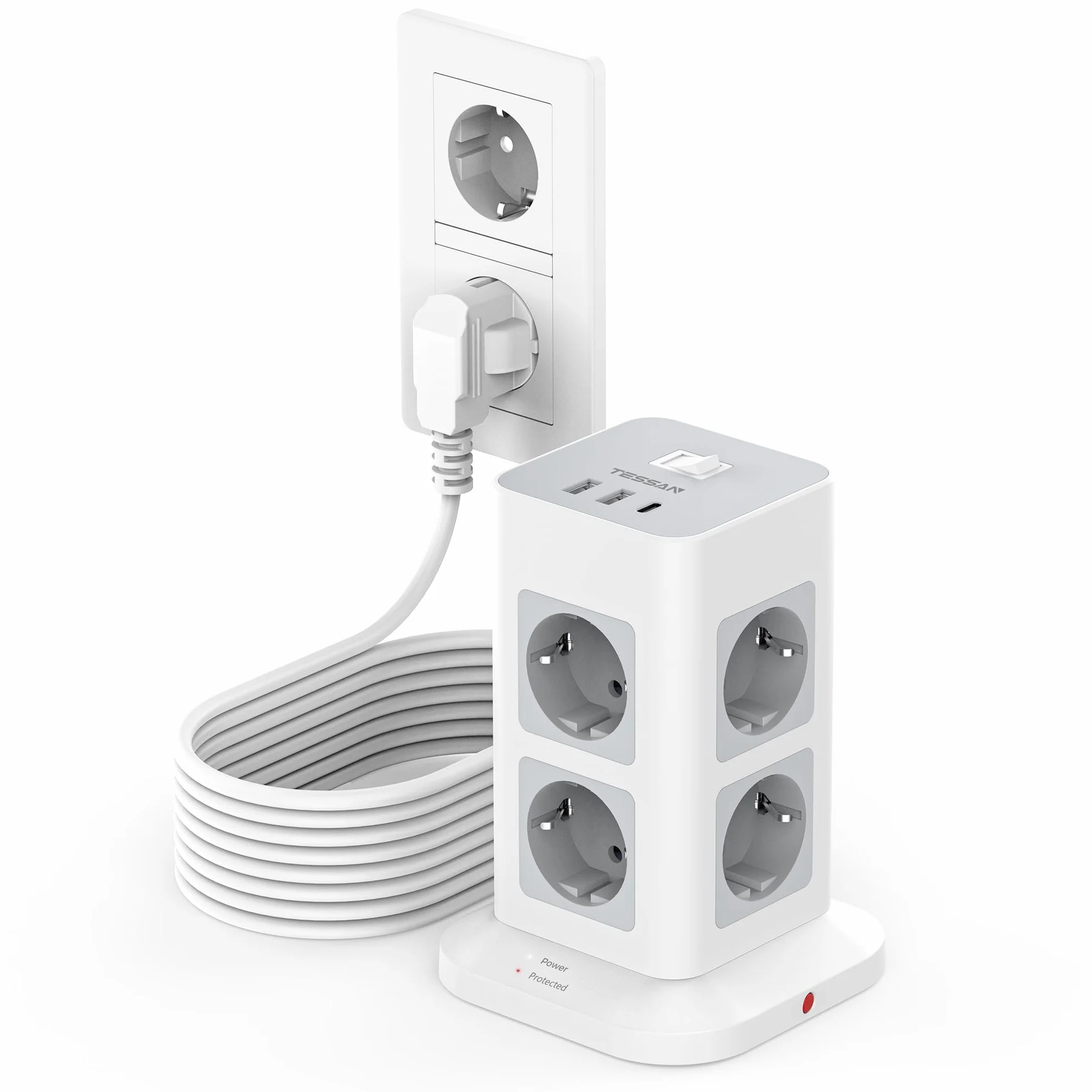 TESSAN Wieżowa listwa zasilająca z 8 gniazdami, przeciwprzepięciowe, 2 portami USB A i 1 USB C gniazdo wtykowe, listwa sieciowa z wyłącznikiem i przedłużaczm 3 metry, 3600W, szaro biały
