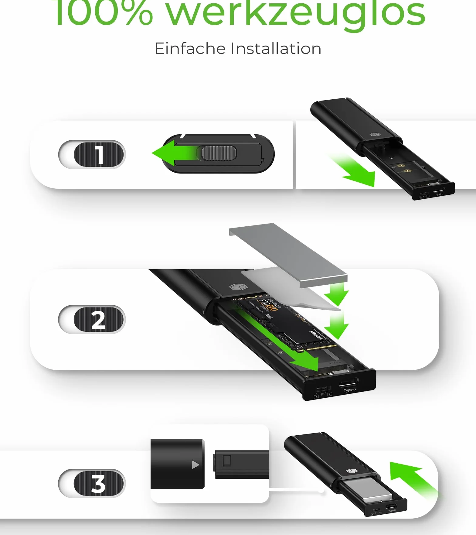ICY BOX Obudowa M.2 SSD/NVMe, USB 3.2 (10 Gb/s), bez narzędzi, system chłodzenia, USB-C, USB-A, PCIe, M-Key, zewnętrzna, adapter NVMe, aluminium, czarna, IB-1807MT-C31